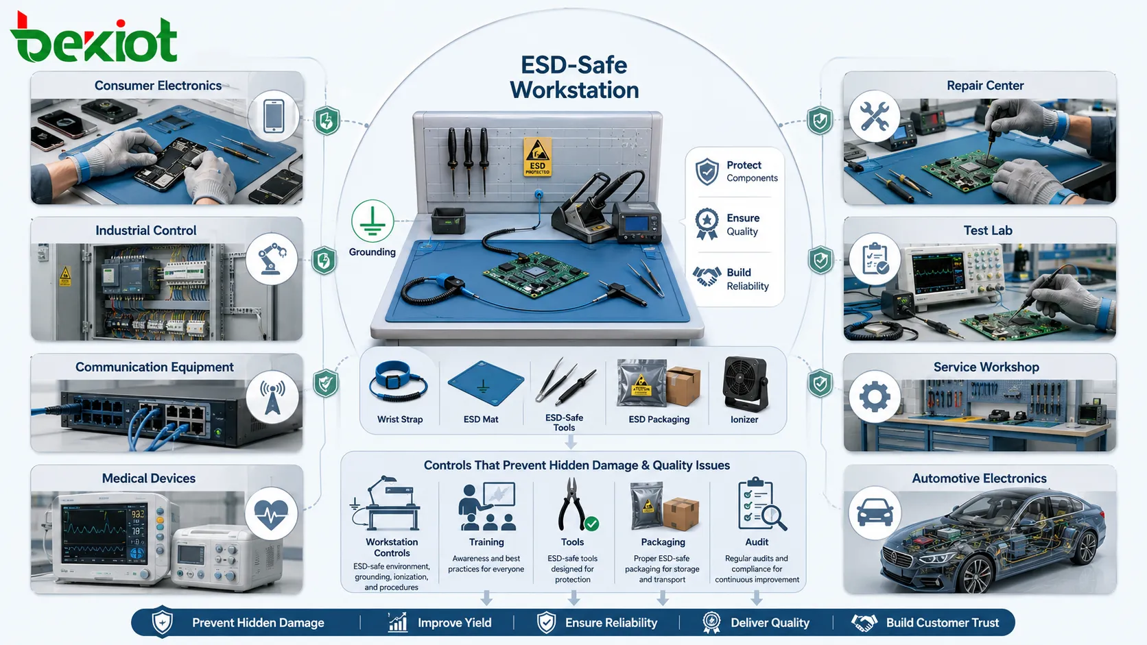 Applications de la protection ESD dans l'électronique grand public, le contrôle industriel, les équipements de communication, les dispositifs médicaux, les systèmes automobiles et les postes de travail de fabrication