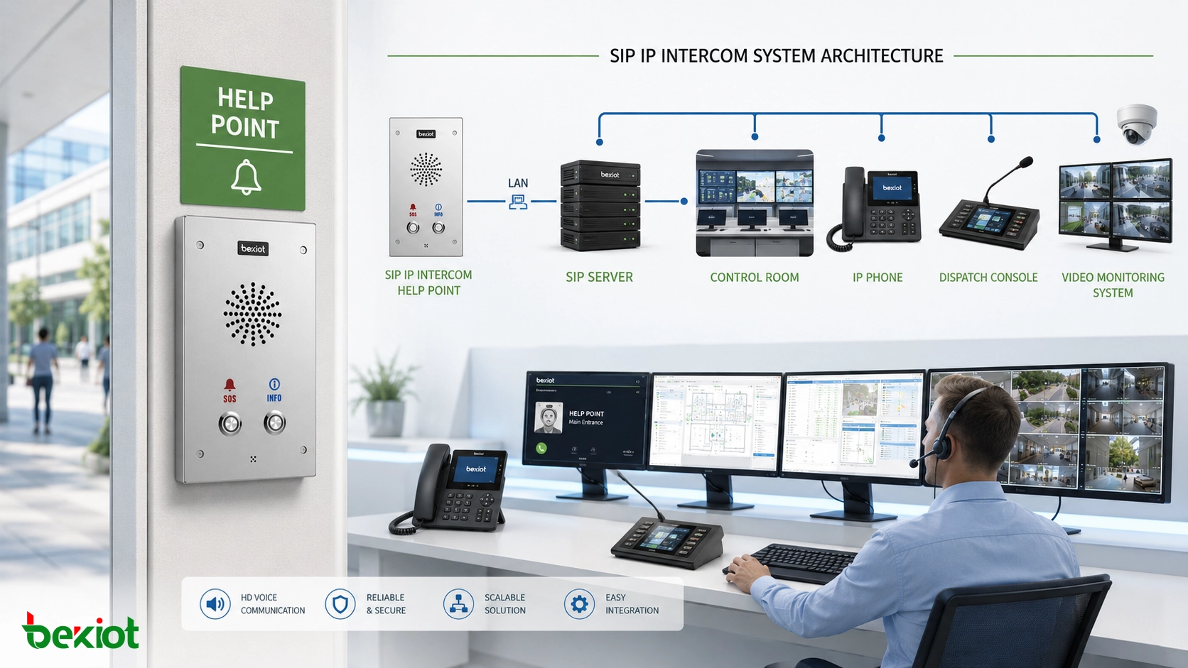 Point d’appel d’interphonie IP SIP reliant un terminal d’appel fixe, un serveur SIP, une salle de contrôle, un téléphone IP, une console de dispatching et un système de vidéosurveillance