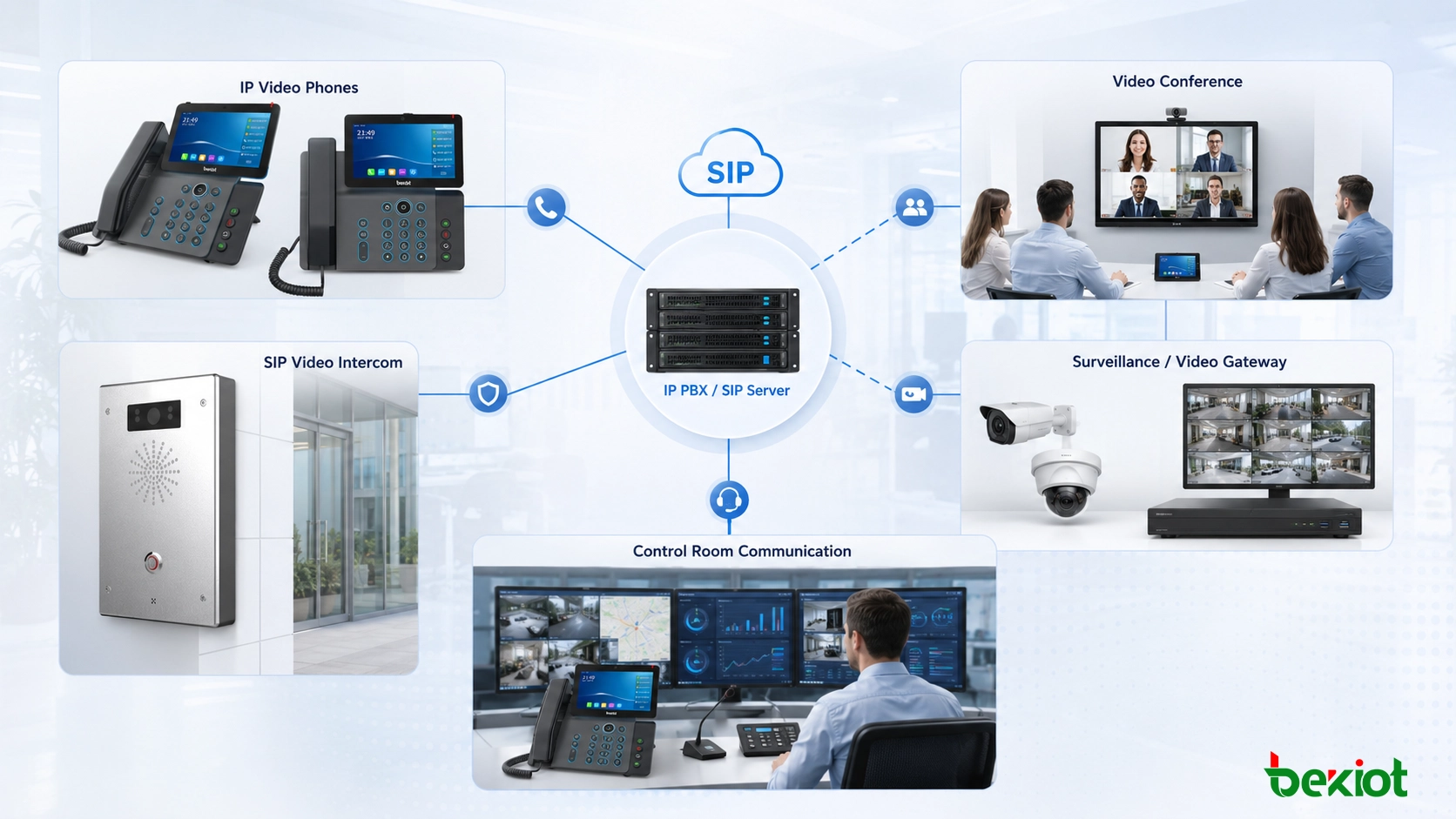 Couplage vidéo IP PBX montrant un téléphone IP non vidéo associé à une caméra de surveillance et l’affichage automatique de vidéo pendant un événement d’appel