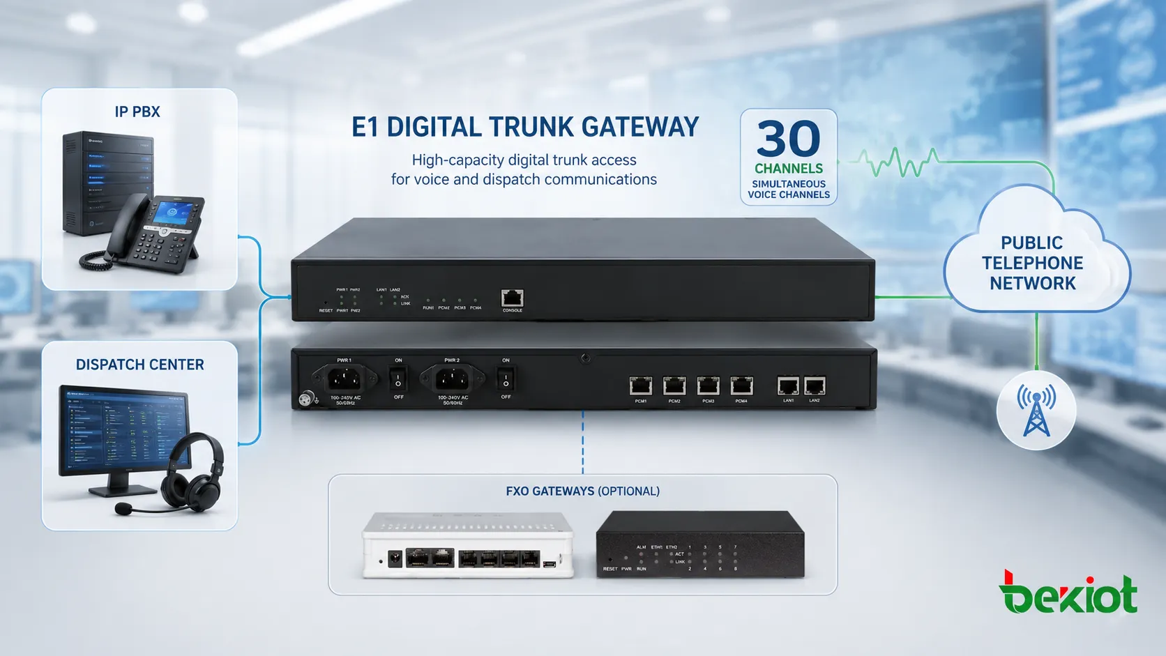 Passerelle de trunk numérique E1 reliant IP PBX, centre de dispatching et réseau téléphonique public avec 30 canaux vocaux simultanés