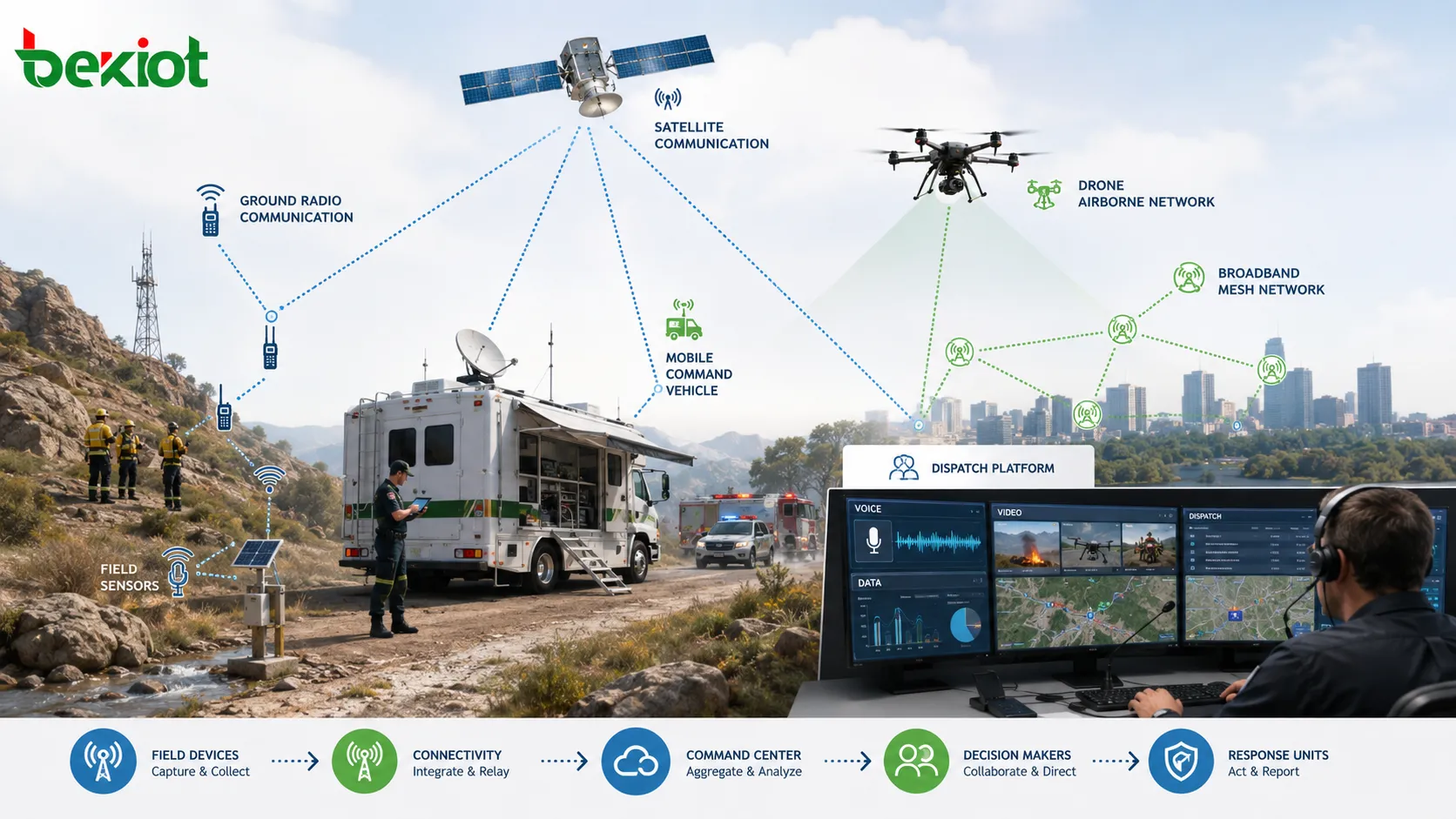 Système de commandement d’urgence intégrant communication satellite réseau aérien par drone radio terrestre maillage haut débit véhicule de commandement capteurs et plateforme de dispatching