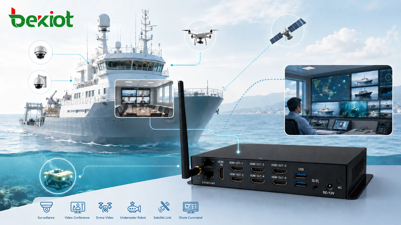 Transmission vidéo satellite légère du navire vers le centre de commandement à terre avec caméra de drone vidéo 1080P autour de 200K de débit et surveillance stable