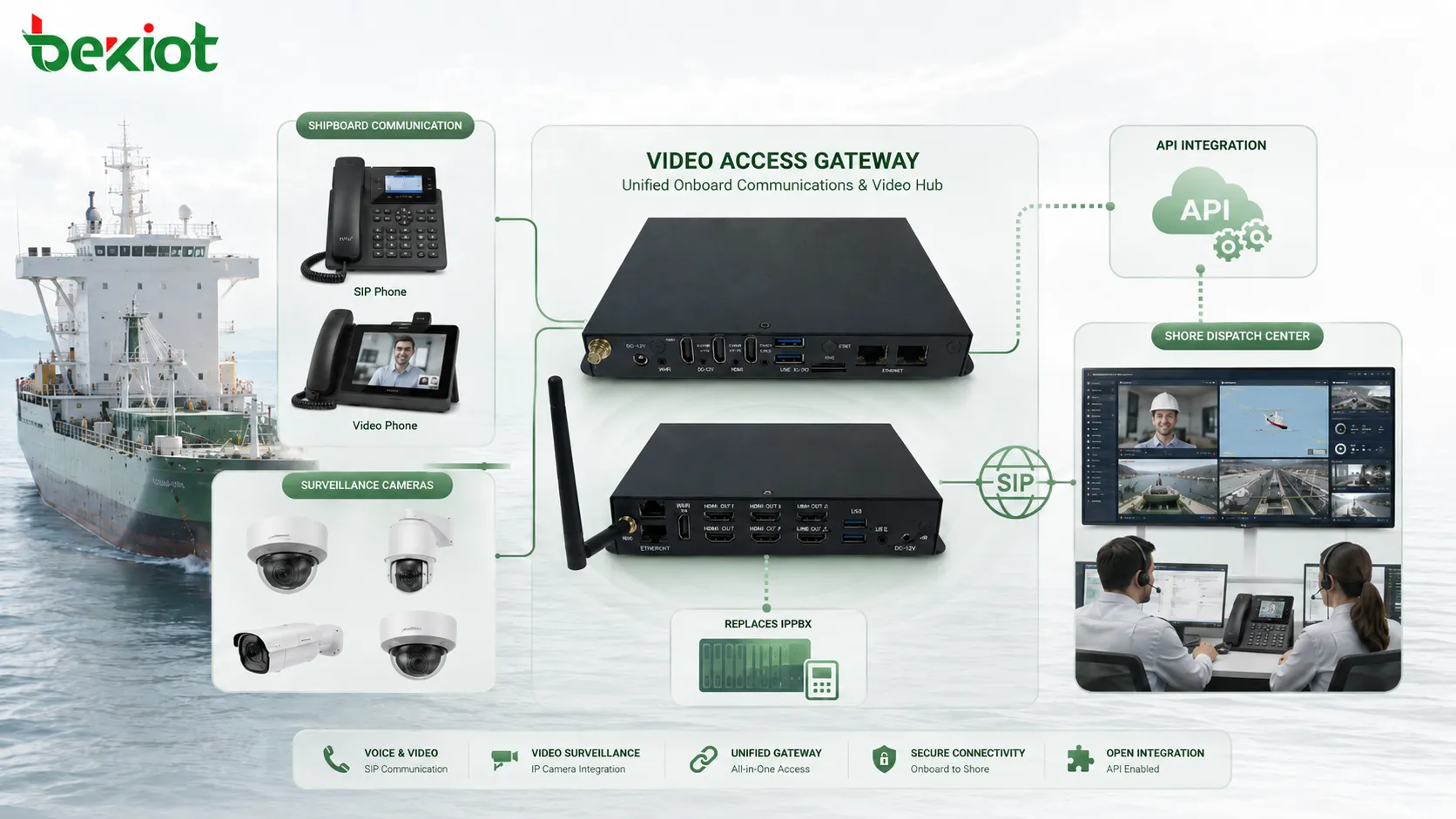 Architecture de communication vidéo SIP embarquée connectant téléphones IP visiophones caméras de surveillance passerelle d’accès vidéo remplacement IPPBX API et centre de dispatching à terre