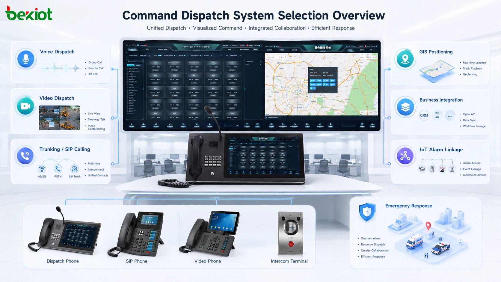 Aperçu de sélection d’un système de dispatching de commandement avec dispatching vocal, dispatching vidéo, trunking, SIG, intégration métier, liaison d’alarme IoT et centre de réponse d’urgence