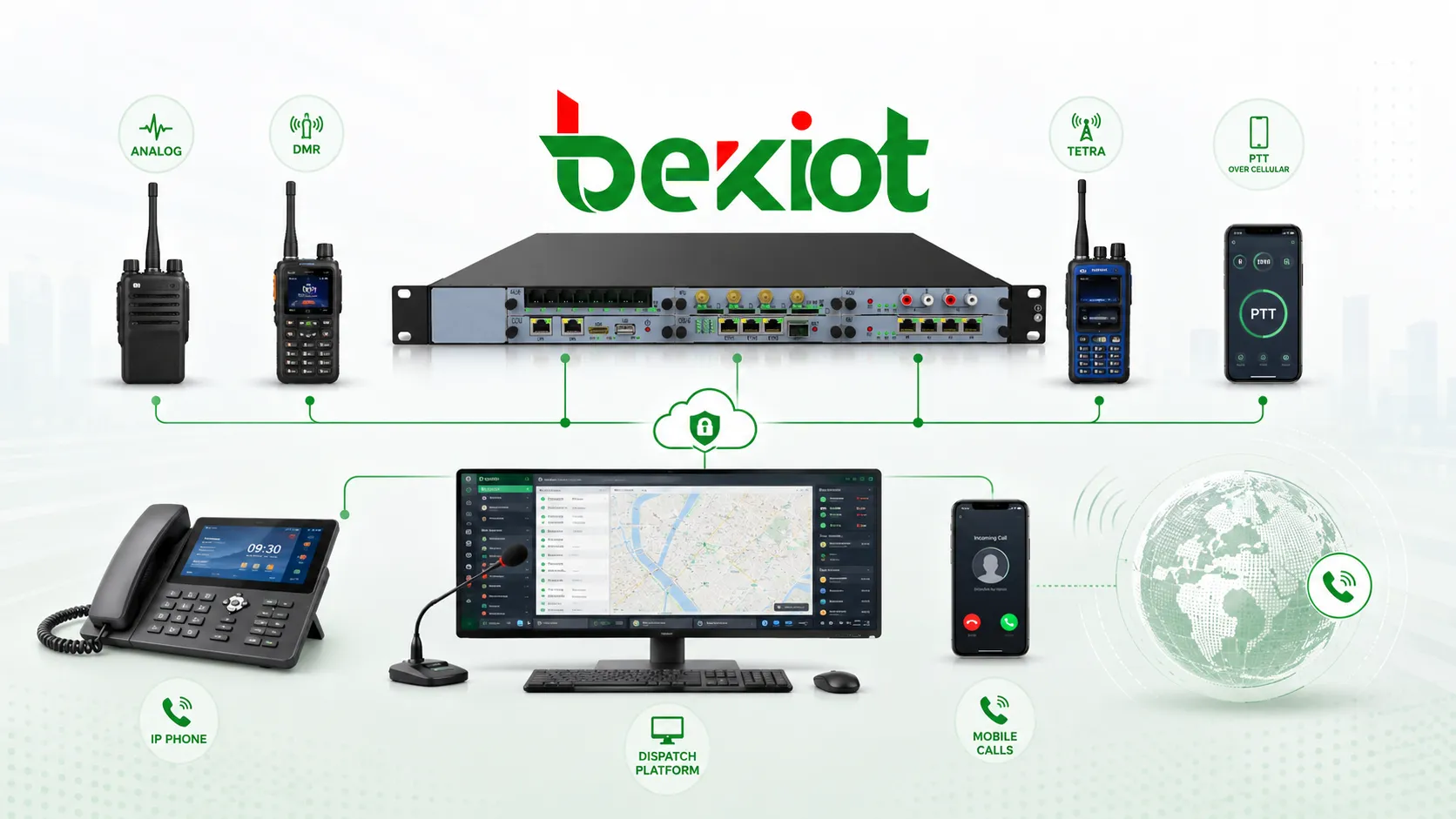 Interopérabilité de communication hybride connectant radios analogiques DMR TETRA PTT réseau public terminaux intelligents téléphones IP appels mobiles externes et plateforme de dispatch