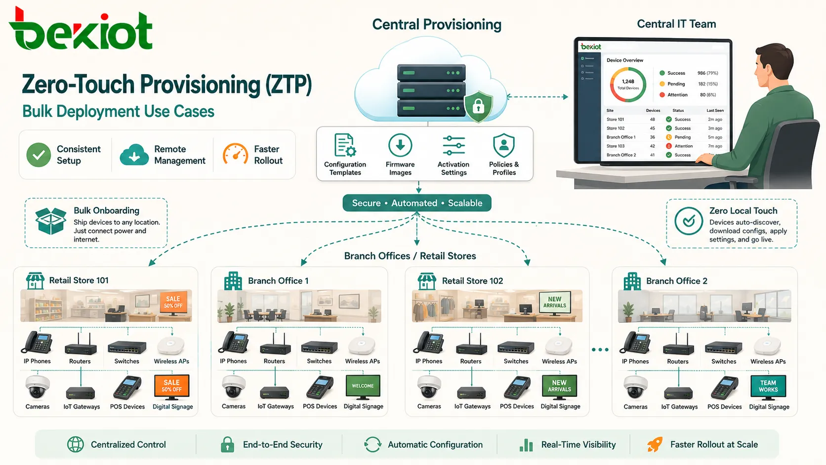 Cas d’utilisation du déploiement en masse Zero-Touch Provisioning ZTP montrant téléphones IP routeurs commutateurs points d’accès sans fil caméras passerelles IoT et équipements d’agence