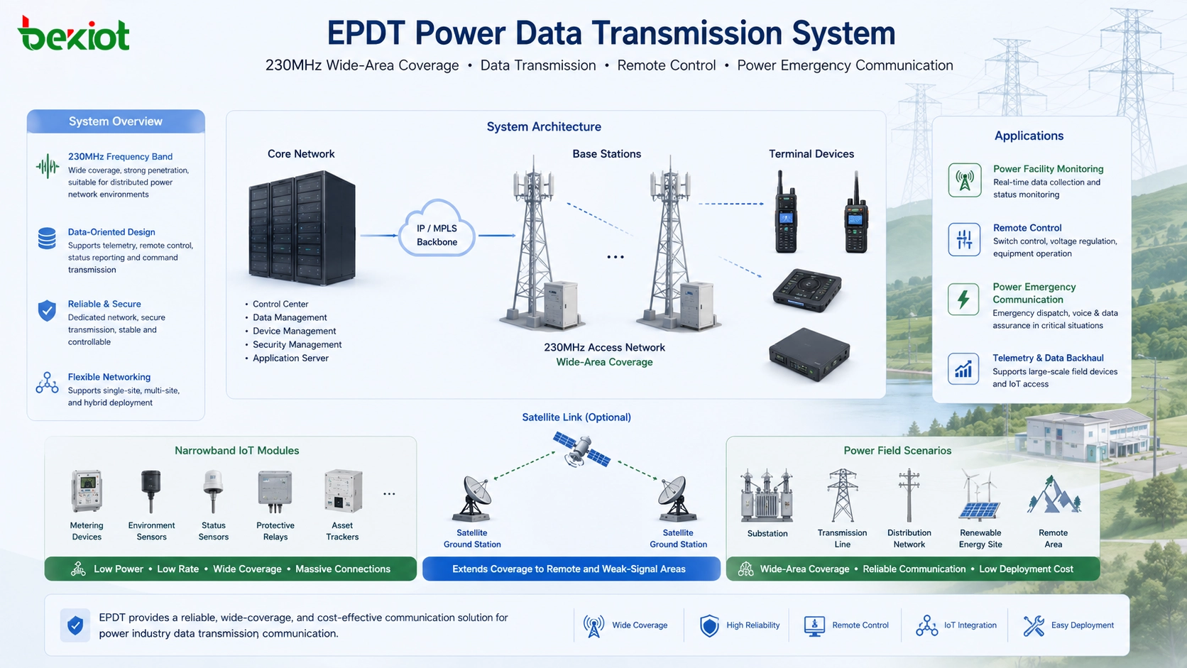 Système EPDT de transmission de données électriques utilisant cœur de réseau 230MHz stations de base terminaux liaison satellite modules IoT étroits contrôle distant et communication d’urgence électrique