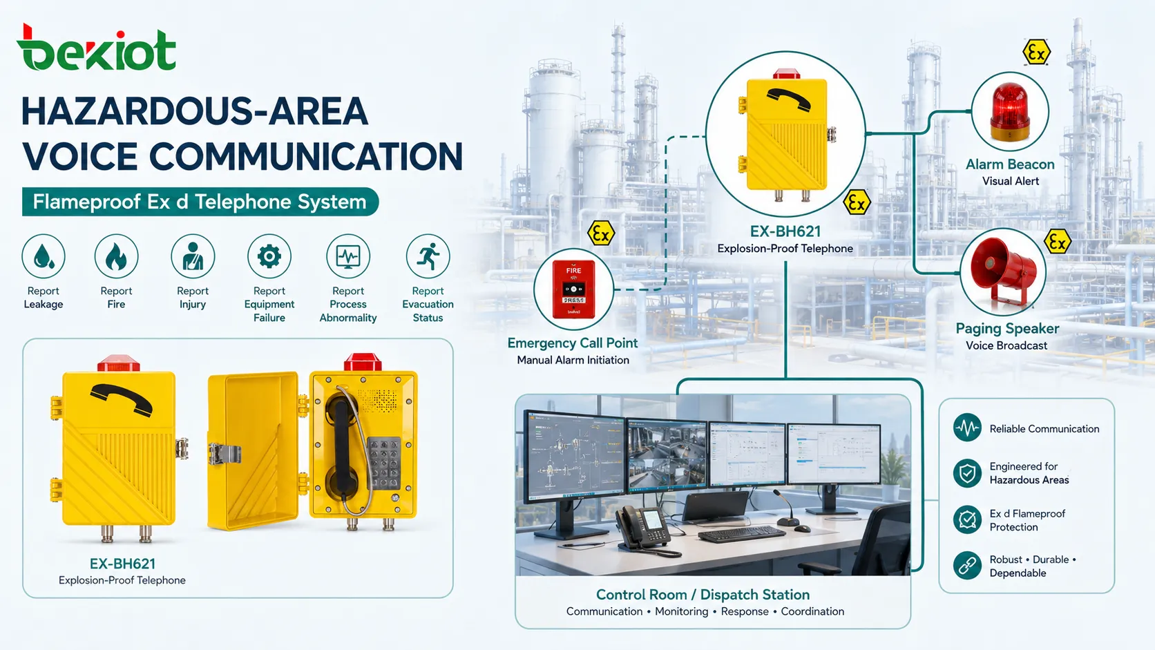 Système de communication Ex d en zone dangereuse reliant téléphone antidéflagrant point d’appel d’urgence salle de contrôle balise d’alarme et haut-parleur de sonorisation dans une usine chimique