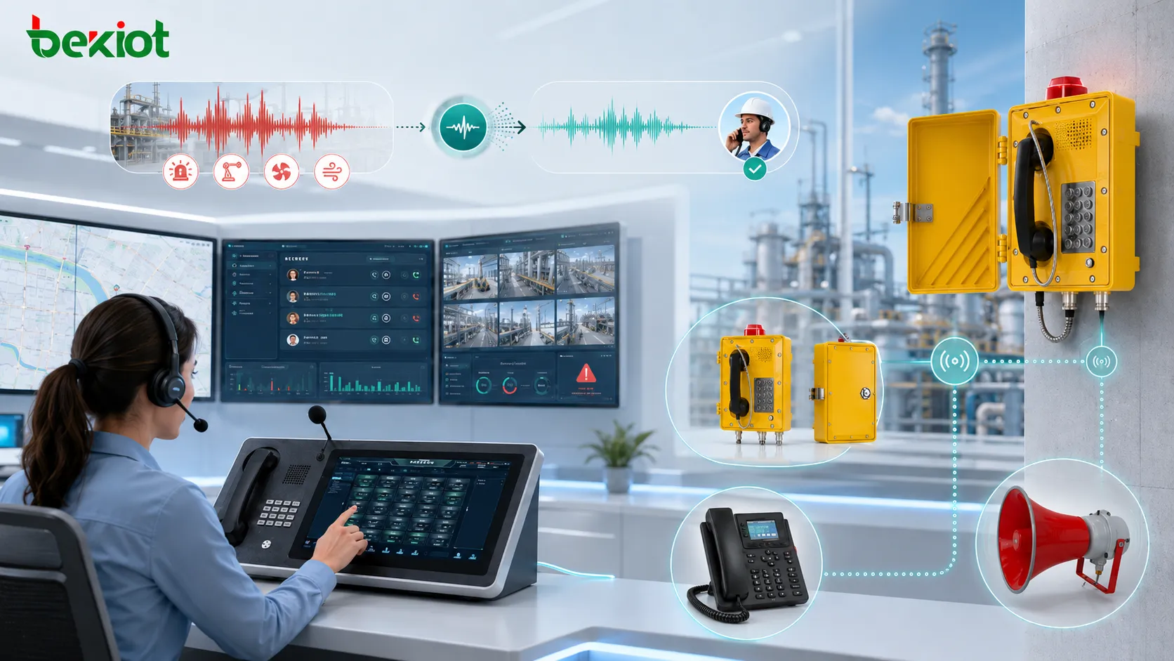 Centre de dispatching utilisant la réduction du bruit pour améliorer les appels provenant de téléphones industriels d'interphones d'urgence de passerelles radio et de travailleurs terrain