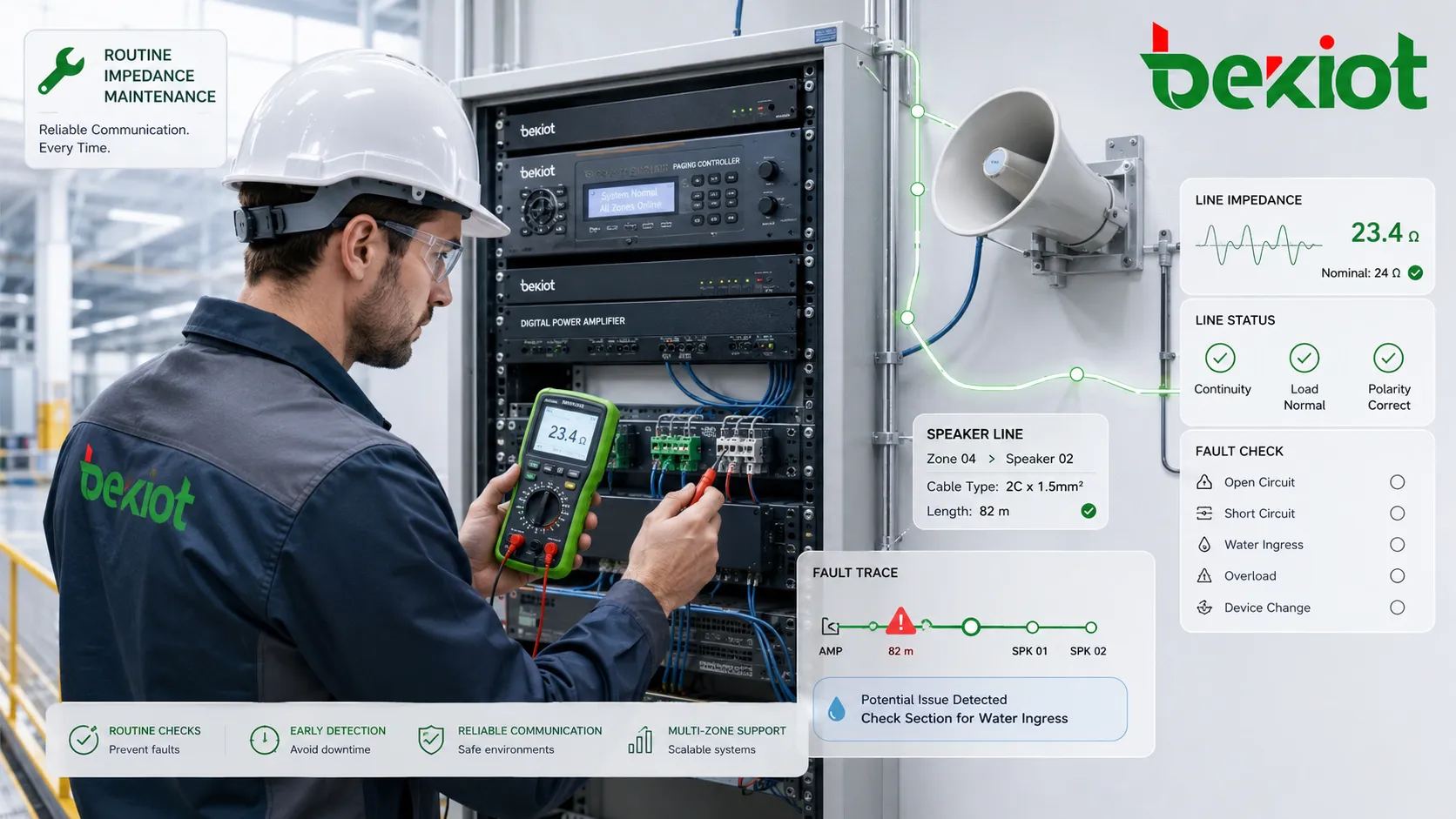 Technicien testant l’impédance d’une ligne de haut-parleurs d’un câble de communication et d’un équipement audio industriel pendant la maintenance