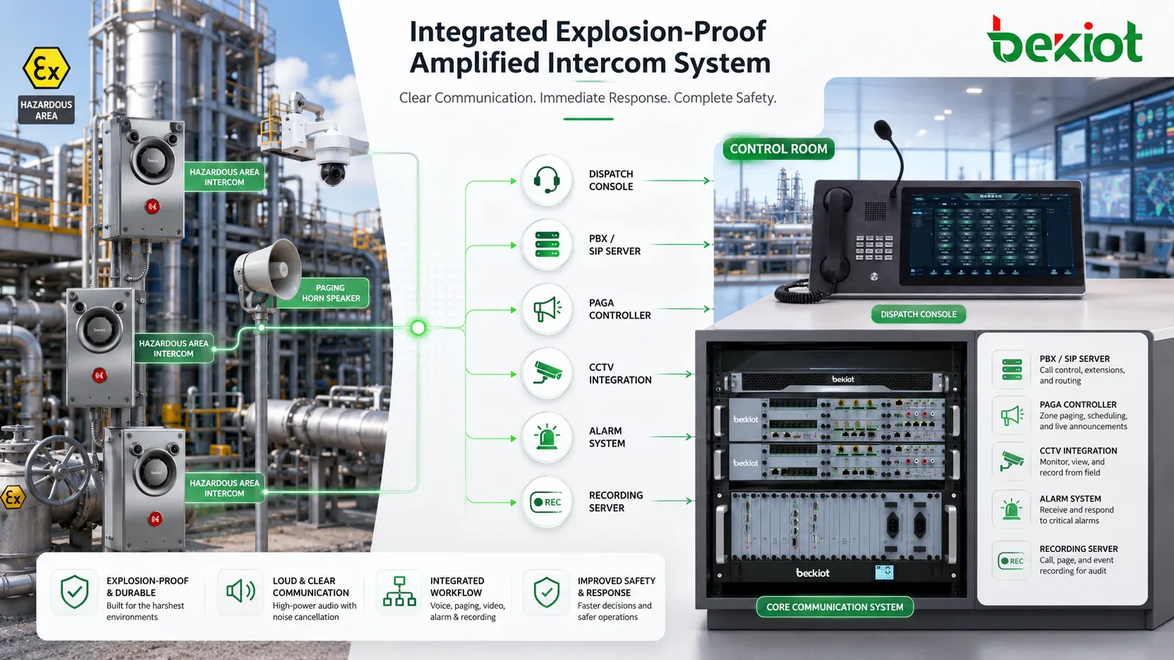 Système intégré d’interphones amplifiés antidéflagrants reliant stations de zone dangereuse console de dispatching contrôleur PAGA CCTV système d’alarme et serveur d’enregistrement