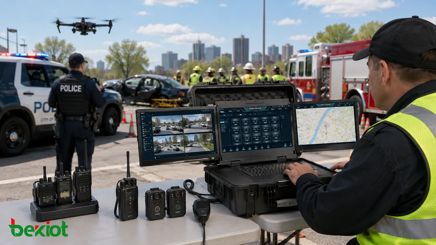 Workflow de dispatch d’urgence audio-vidéo intégrant vidéo de drone caméras corporelles caméras embarquées radios bidirectionnelles carte GIS et centre de commandement