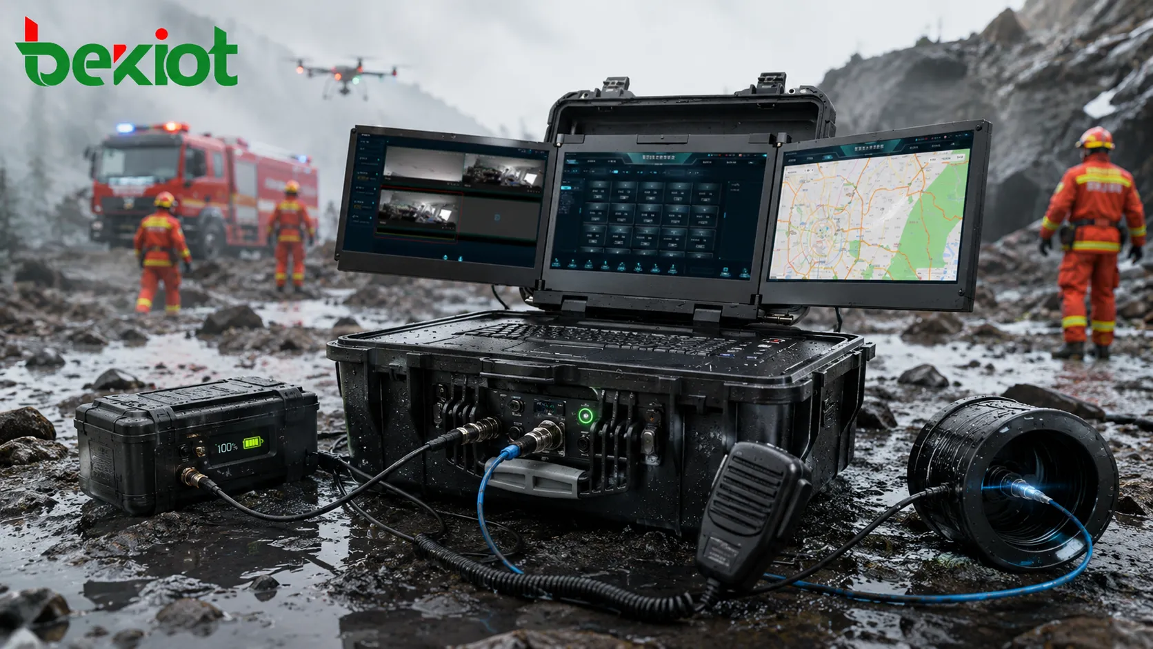Valise robuste de commandement de terrain avec ports radio liaison fibre batterie microphone à main et protection extérieure IP65 pour opérations de sauvetage