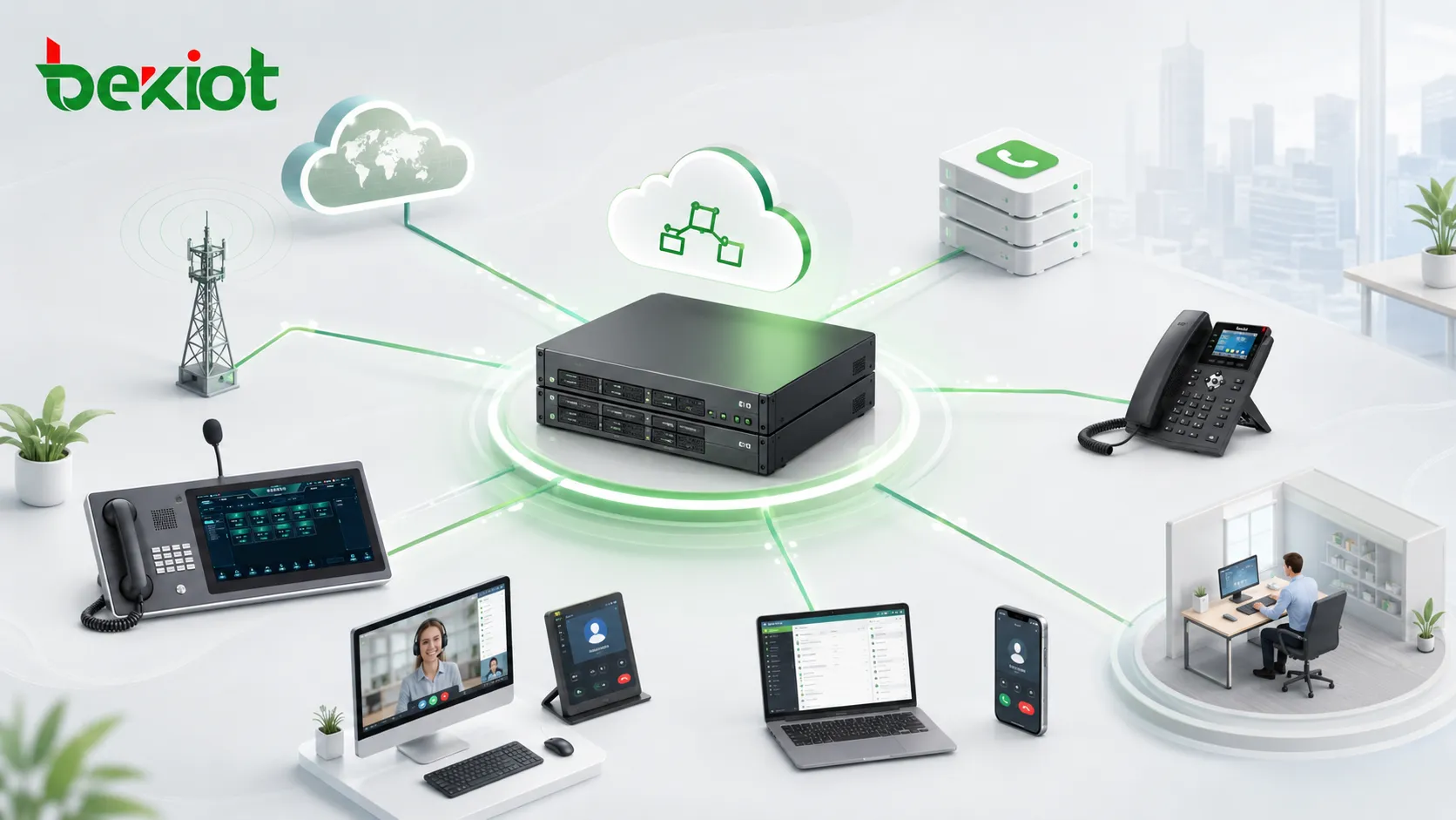 Serveur d’interphonie sur réseau public connecté avec trunk SIP IPPBX terminaux intelligents téléphones IP utilisateurs de bureau mobile et réseau téléphonique externe
