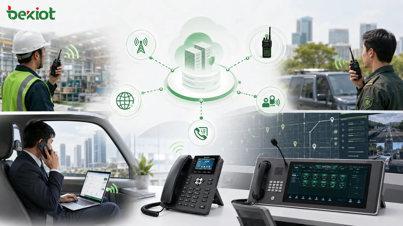 Solution PTT sans fil et bureau mobile intégrant interphonie sur réseau public système radio privé téléphones IP plate-forme SIP et centre de dispatch