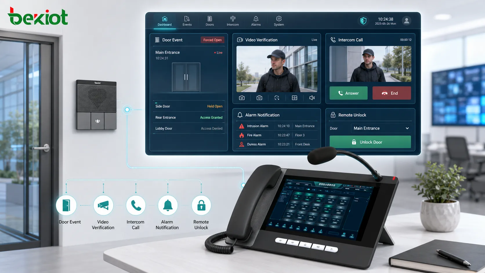 Écran d’intégration du contrôle d’accès montrant événement de porte vérification vidéo appel interphone notification d’alarme et décision de déverrouillage à distance