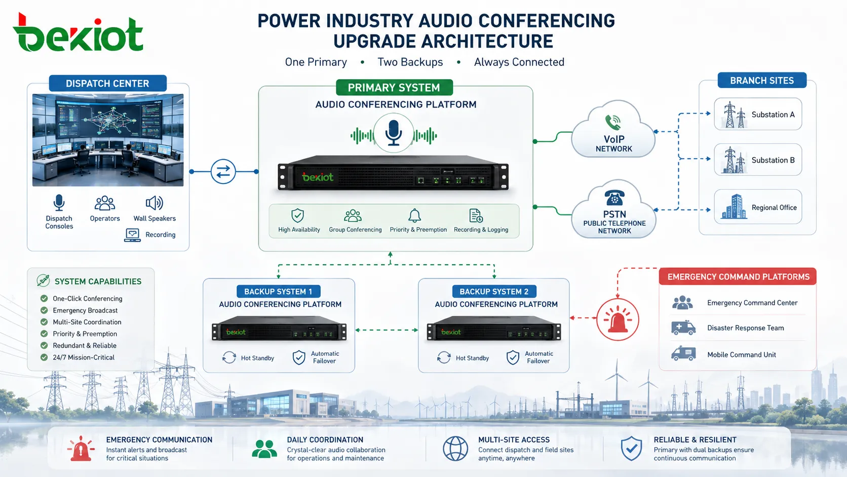 Solution d’audioconférence mixte VoIP et PSTN pour entreprises électriques reliant téléphones IP, téléphones fixes, utilisateurs mobiles, salles de conférence, passerelles télécoms et jonctions opérateur