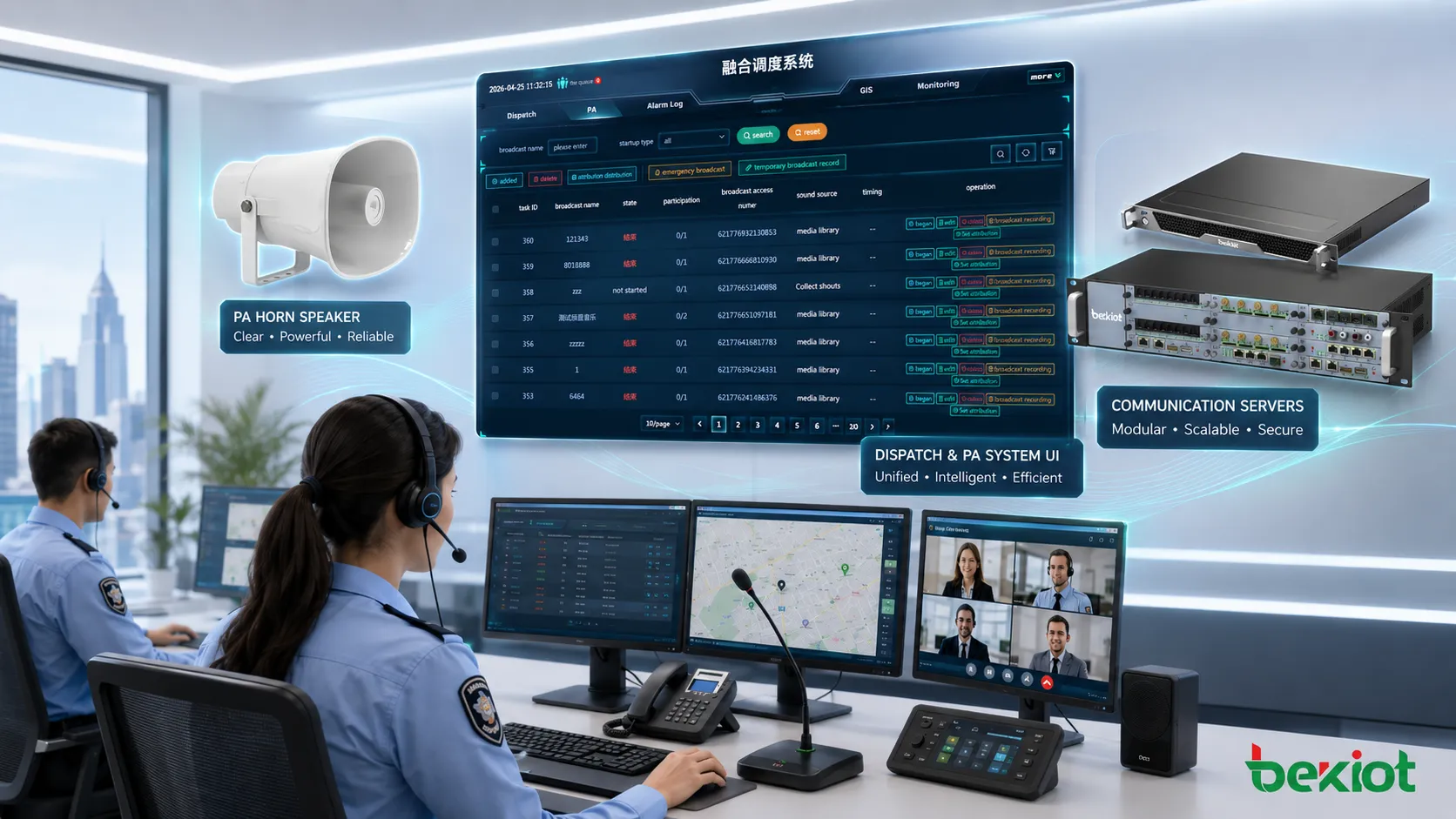Salle de contrôle utilisant vidéo voix dispatching diffusion et alarmes pour une réponse coordonnée