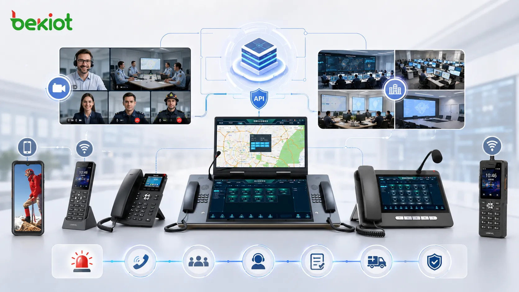 Intégration de conférence téléphonique de commandement d’urgence avec contrôle API, plateforme de dispatching, visioconférence, équipes de terrain, salles de permanence et flux de réponse aux incidents