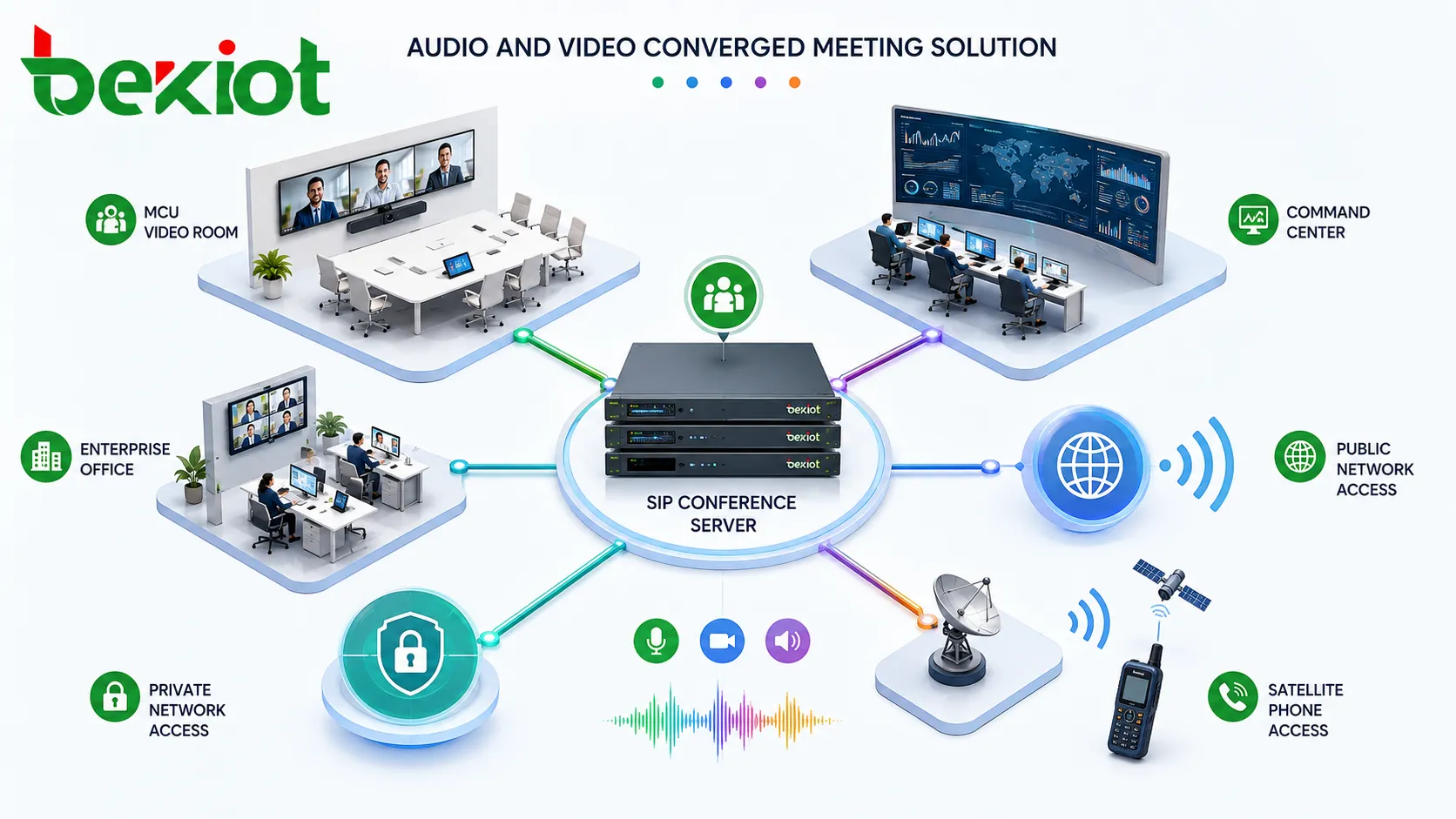 Solution de réunion convergée audio et vidéo connectant serveur de conférence SIP salle vidéo MCU centre de commandement bureau d’entreprise réseau public réseau privé et accès téléphone satellite