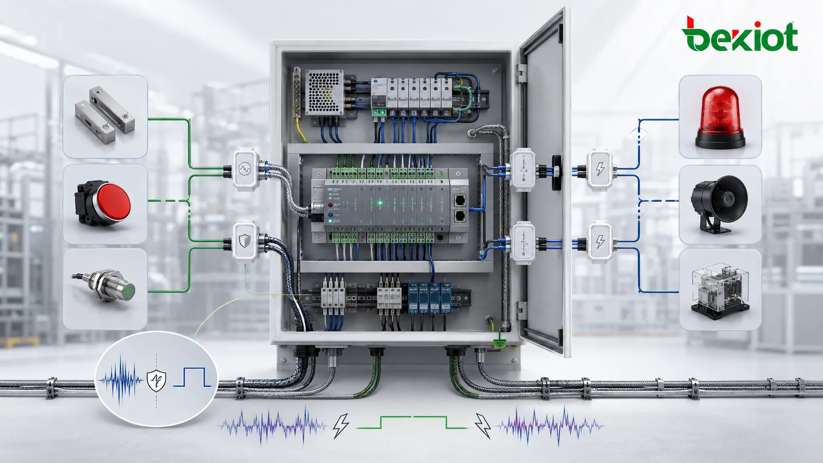 Application GPIO dans un équipement industriel avec relais d’alarme contact de capteur et intégration d’armoire de commande