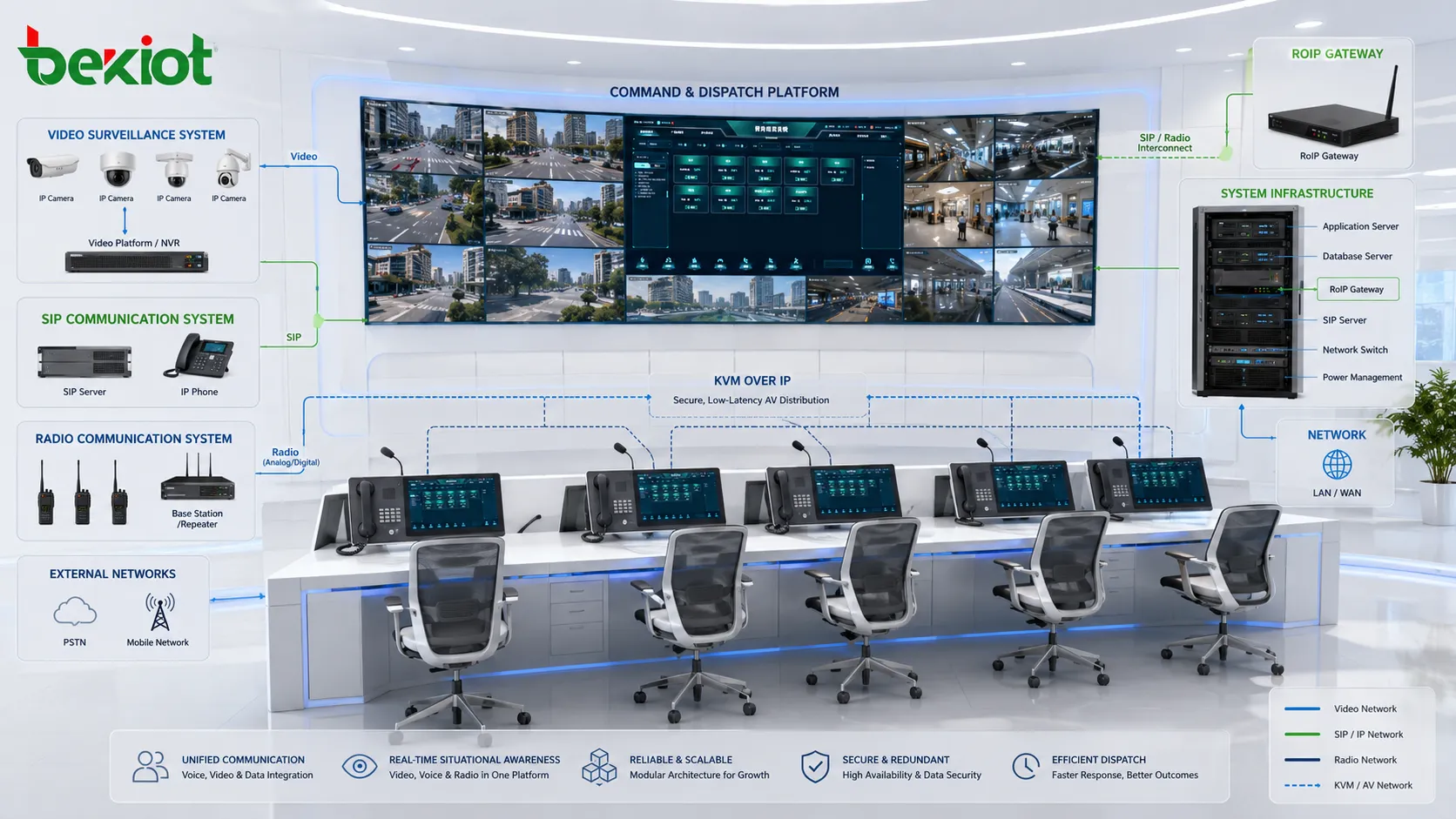 Architecture de centre de commandement intégrant la vidéosurveillance, la communication SIP, la passerelle RoIP, les postes KVM et les postes de travail de répartition