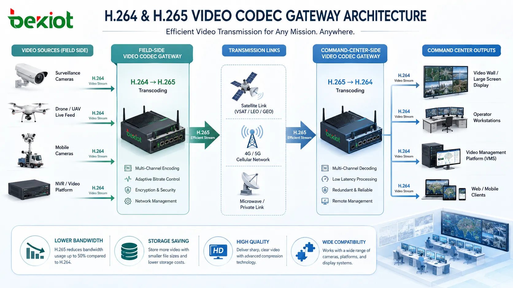 H.264 vs H.265 : stratégie de codec optimale et passerelle de transcodage pour la transmission vidéo d'urgence