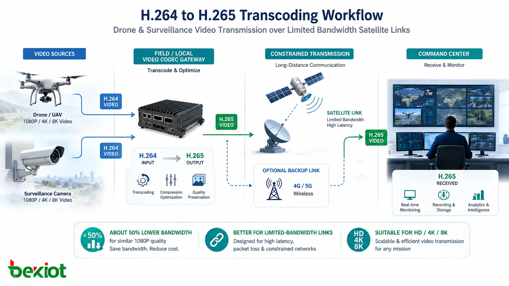 Flux de transcodage H264 vers H265 pour la transmission vidéo de drones et de surveillance sur des liaisons satellite à bande passante limitée