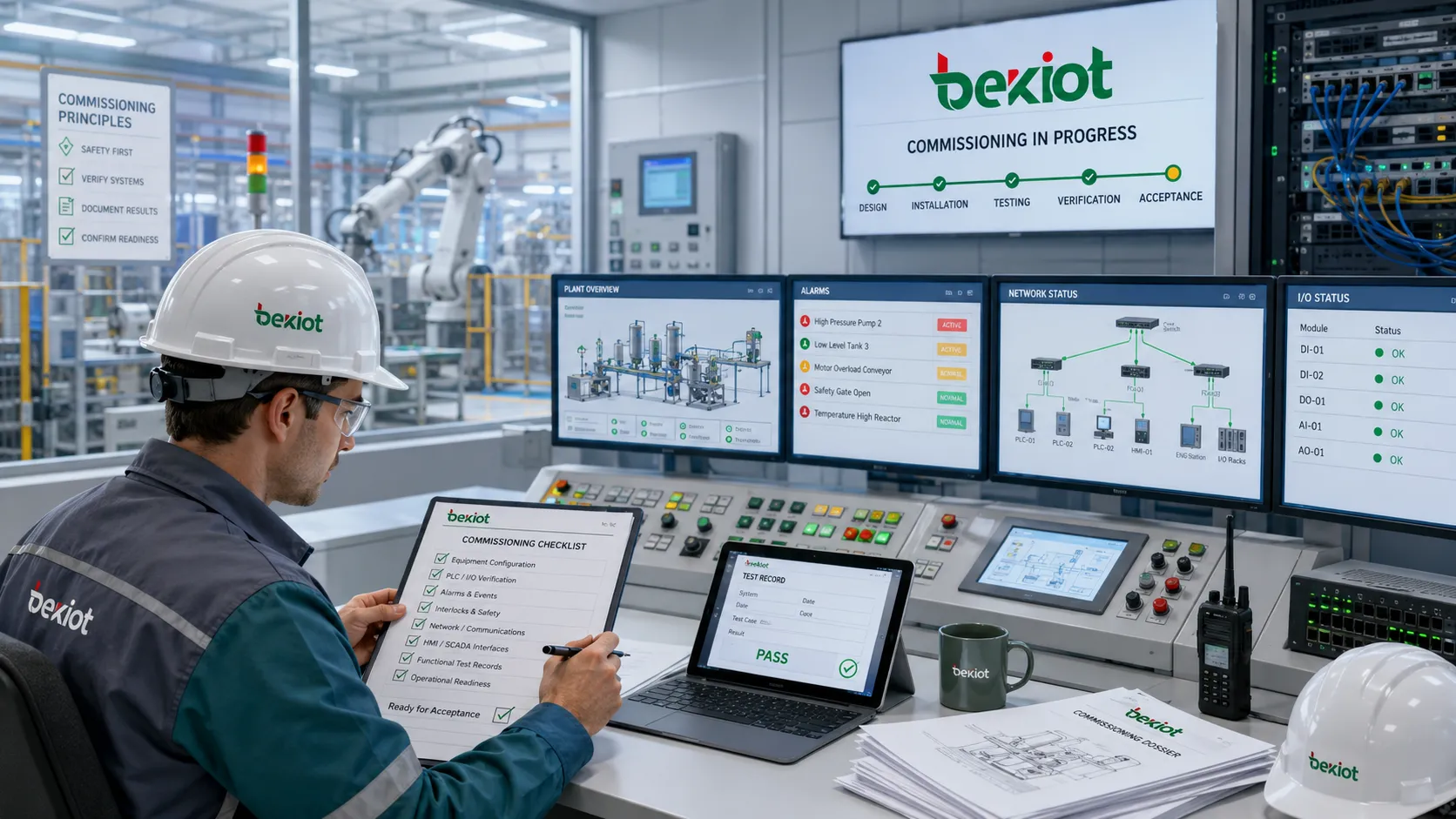 Ingénieur de mise en service vérifiant la configuration des équipements les dossiers d’essai et l’état de préparation opérationnelle dans une salle de contrôle