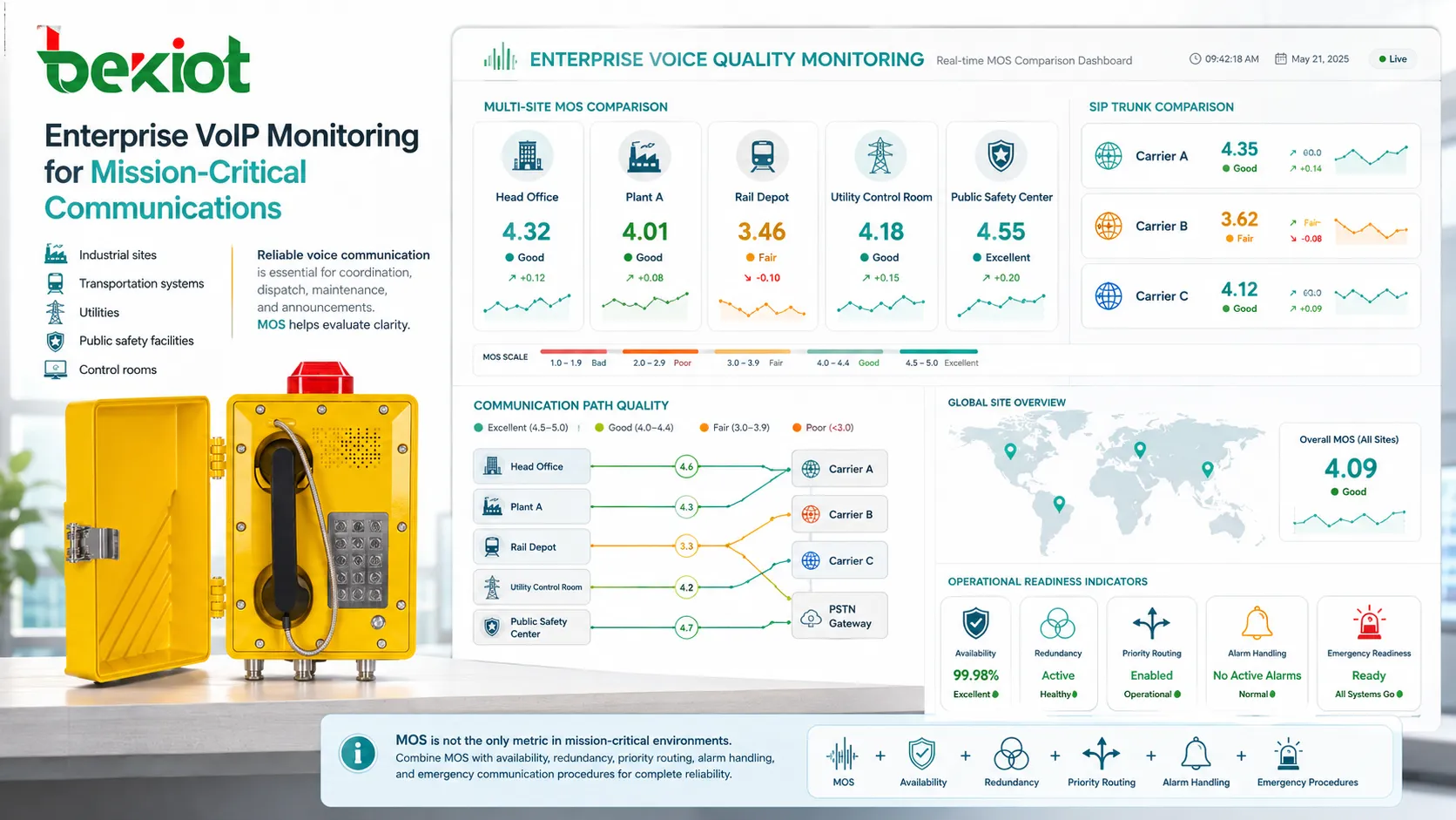 Plateforme de supervision VoIP d’entreprise comparant les scores MOS entre sites et trunks SIP