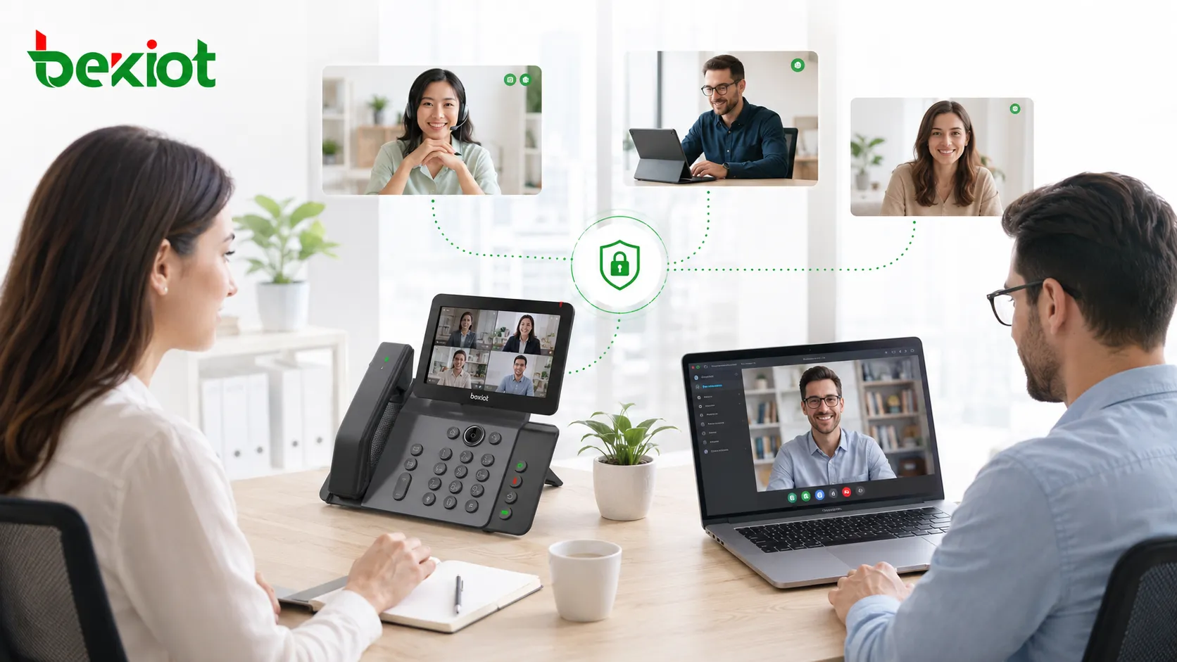 Employés d’entreprise rejoignant des audioconférences sécurisées depuis des téléphones de bureau et des softphones