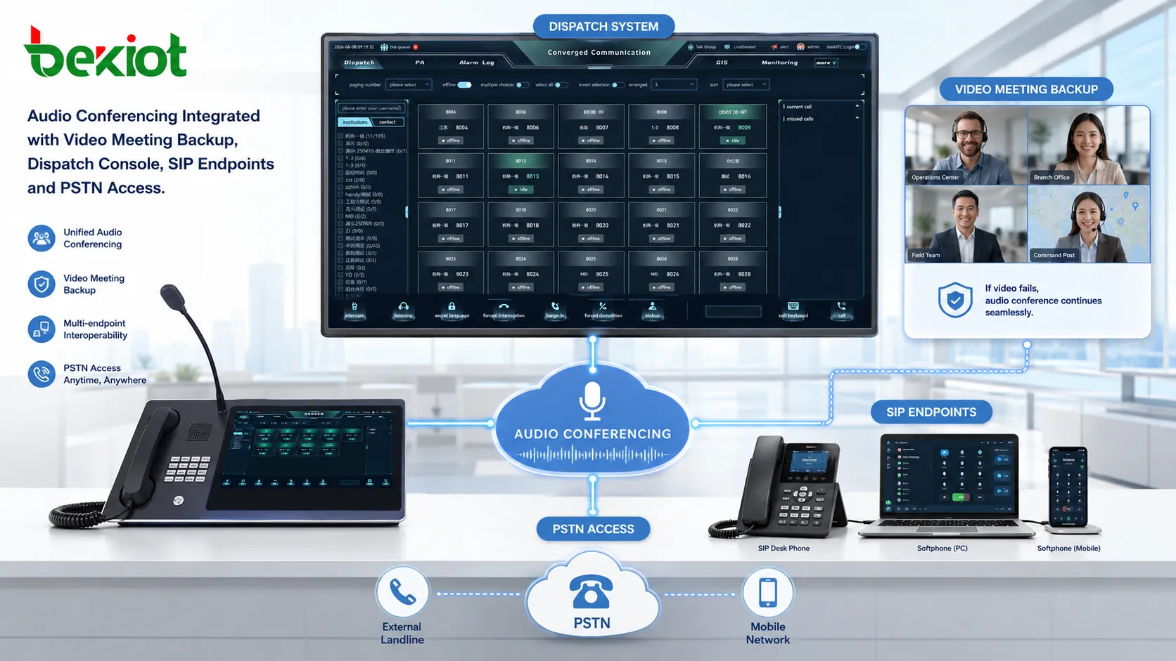 Audioconférence intégrée avec secours vidéo console de dispatching terminaux SIP et accès PSTN