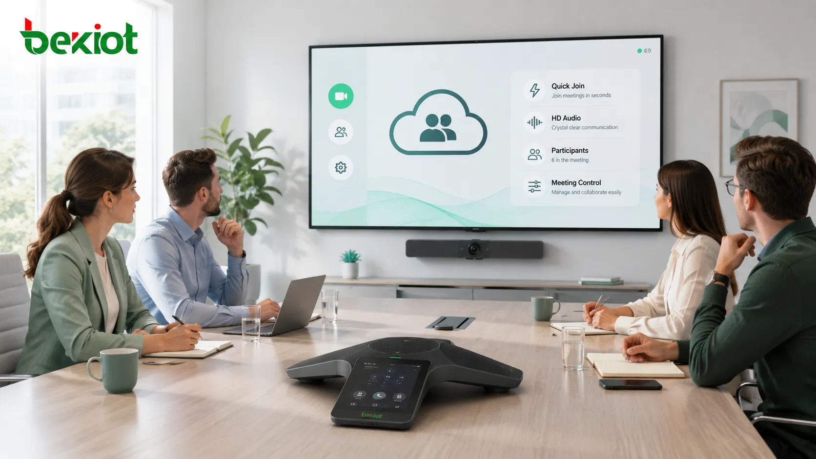 Salle de réunion d’entreprise utilisant un terminal de conférence audio HD avec contrôle cloud