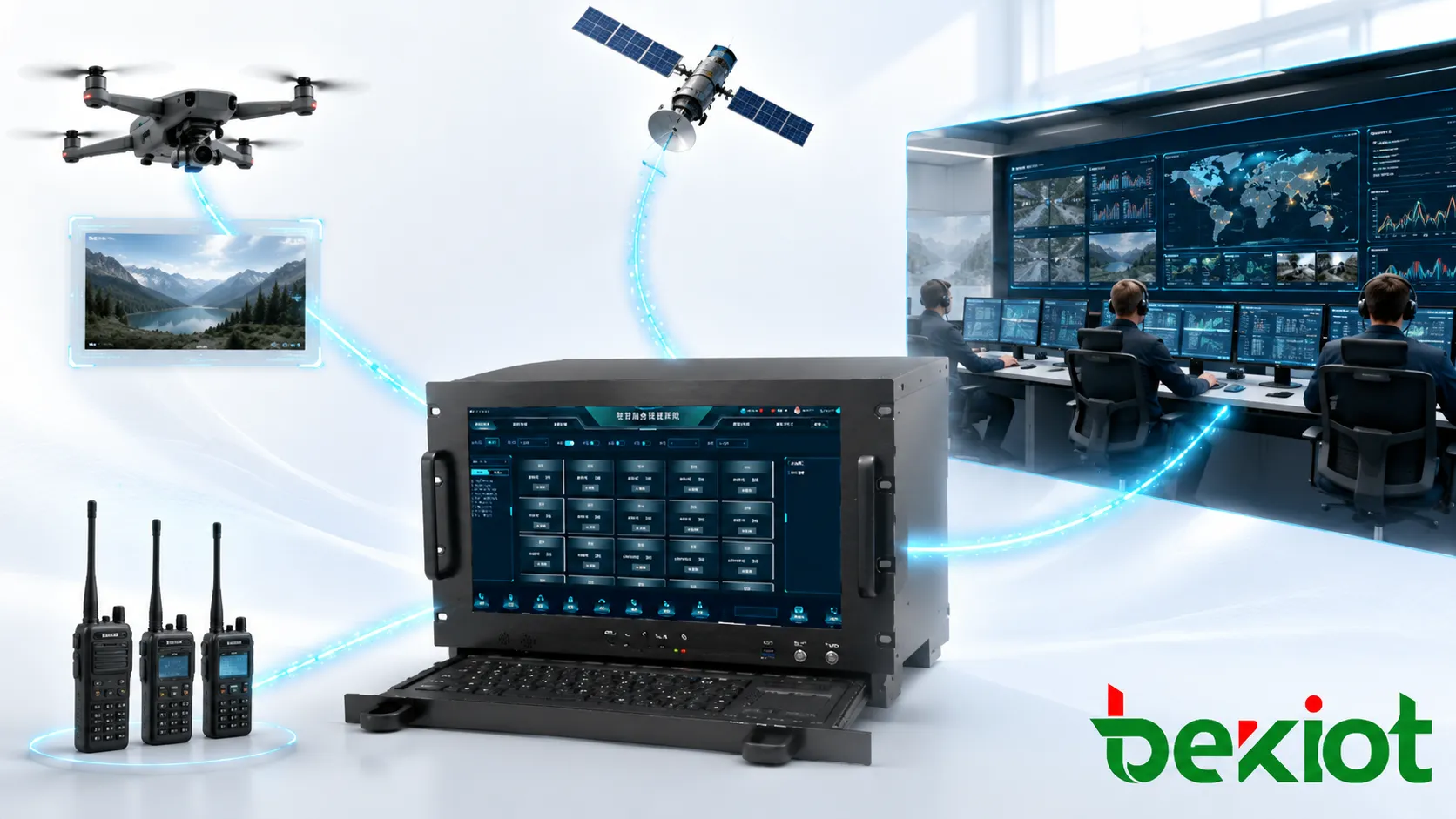 Architecture de valise de commandement d’urgence connectant radios vidéo UAV liaison satellite et centre arrière