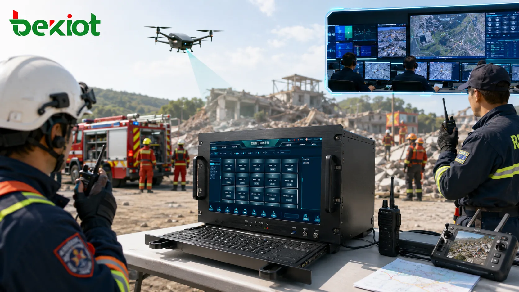 Solution mobile de commandement d’urgence connectant équipes de secours radios vidéo UAV et centre arrière