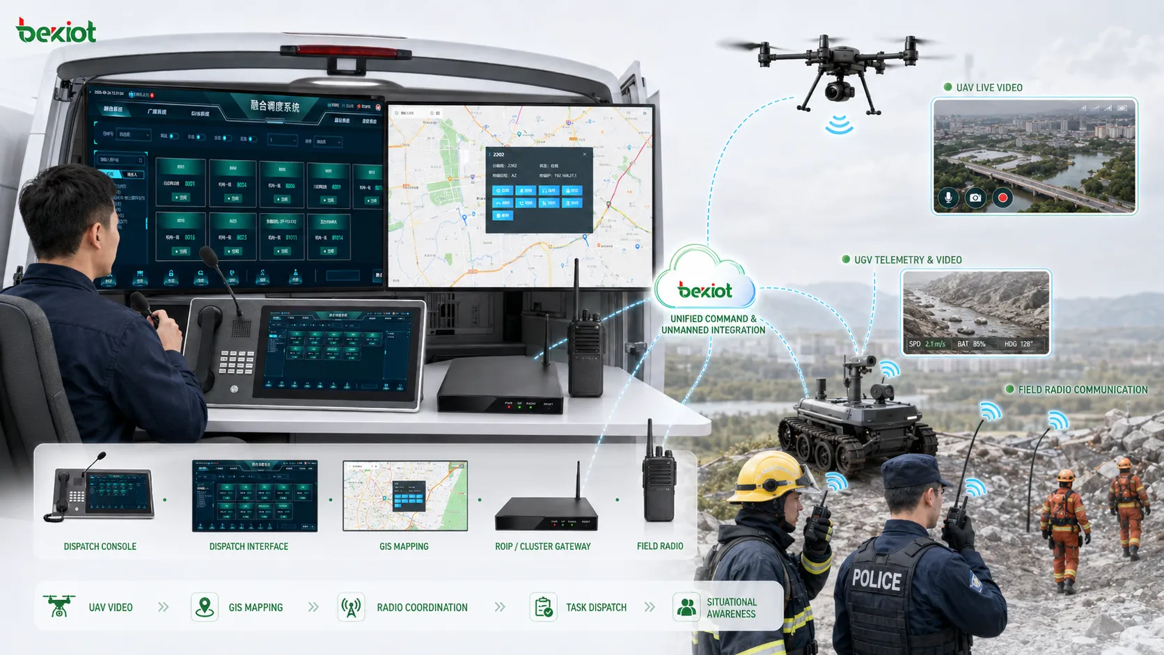 Equipos sans pilote integrados avec sistema de communication de commandement dans terrain pour vidéo UAV mapa GIS coordination de radio et despacho de tâches