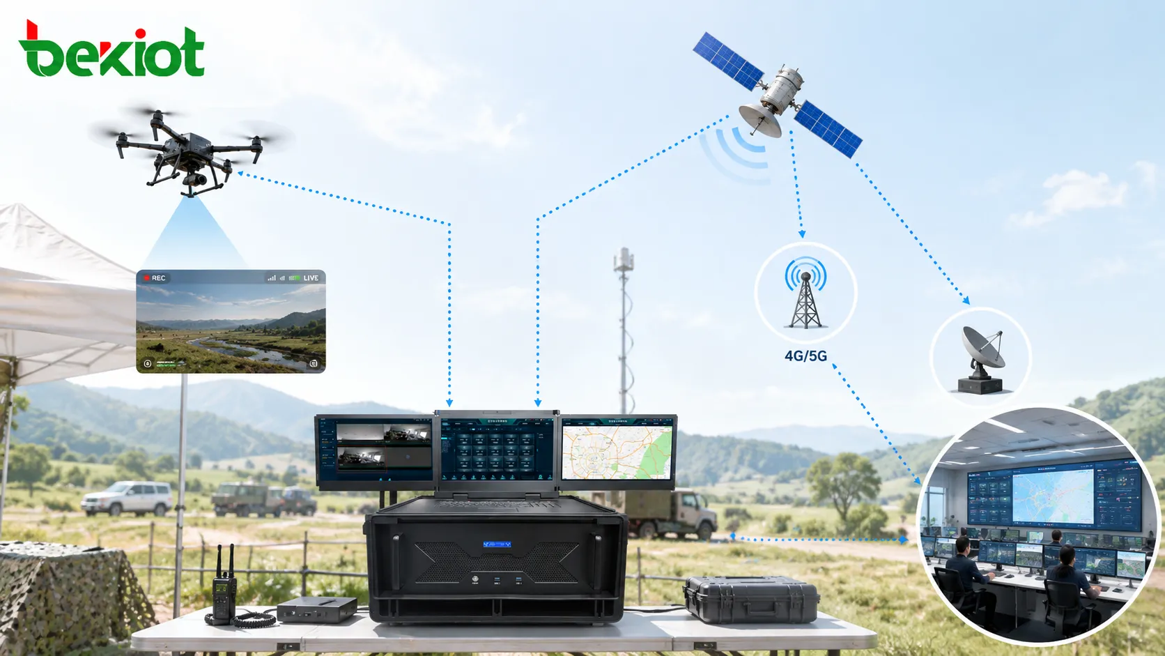 Retour vidéo de drone via réseau ad hoc haut débit et transmission satellite 4G 5G