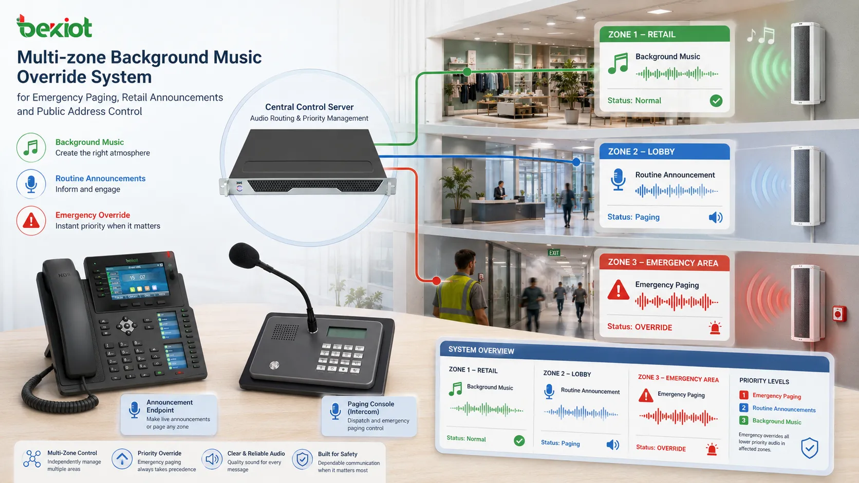 Système multizone de Background Music Override pour paging d’urgence annonces commerciales et contrôle de sonorisation
