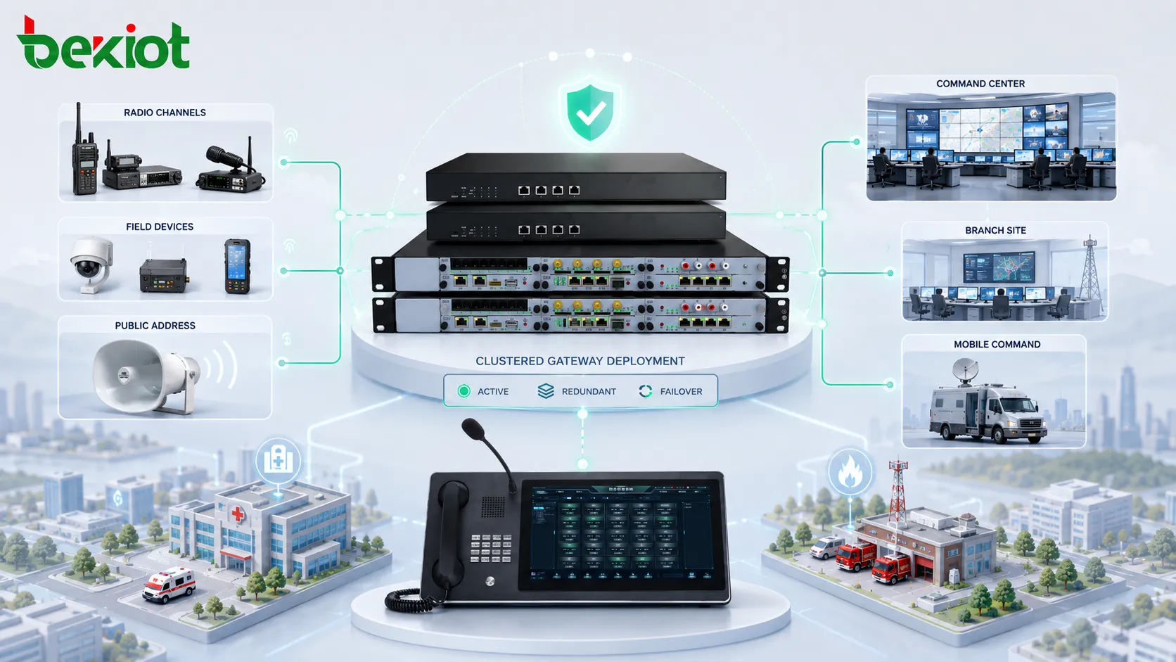 Déploiement de passerelle en cluster reliant canaux radio plateforme de dispatching IP et centres de commandement multi-sites