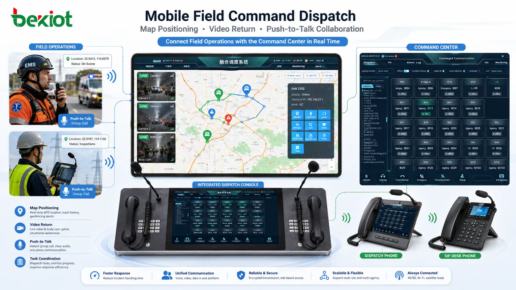 Commande et répartition de terrain mobiles avec positionnement cartographique, retour vidéo et collaboration en push-to-talk