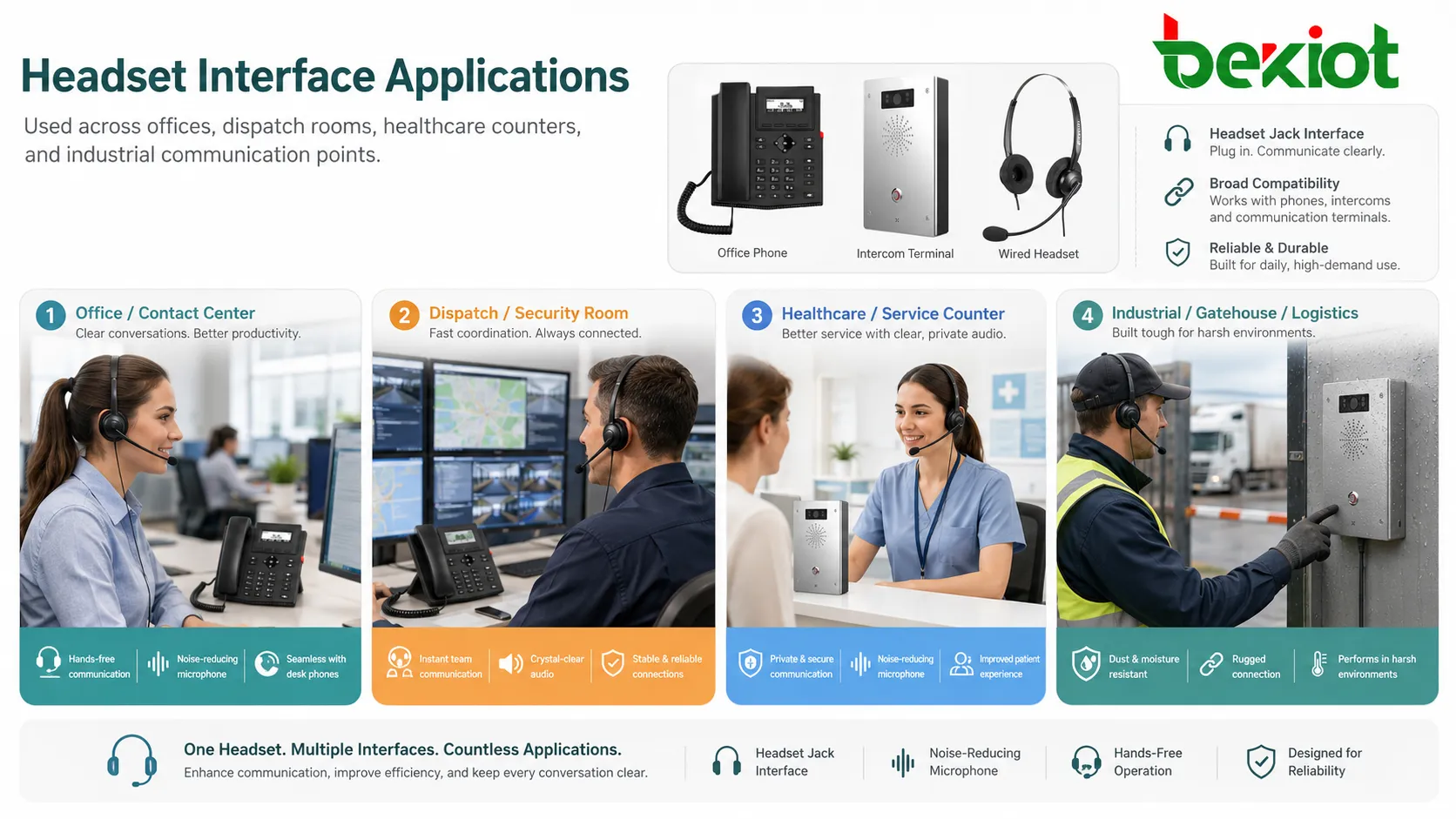 Applications de prise casque sur téléphones de bureau consoles de dispatching guichets de santé et terminaux industriels