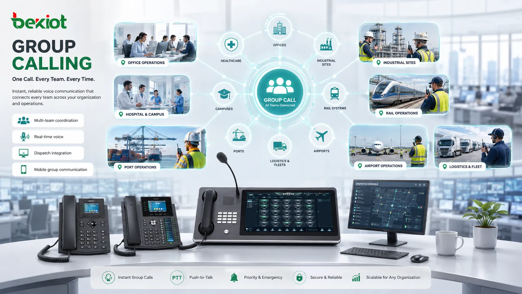 Applications de l’appel de groupe dans les bureaux hôpitaux campus sites industriels et centres de dispatching transport