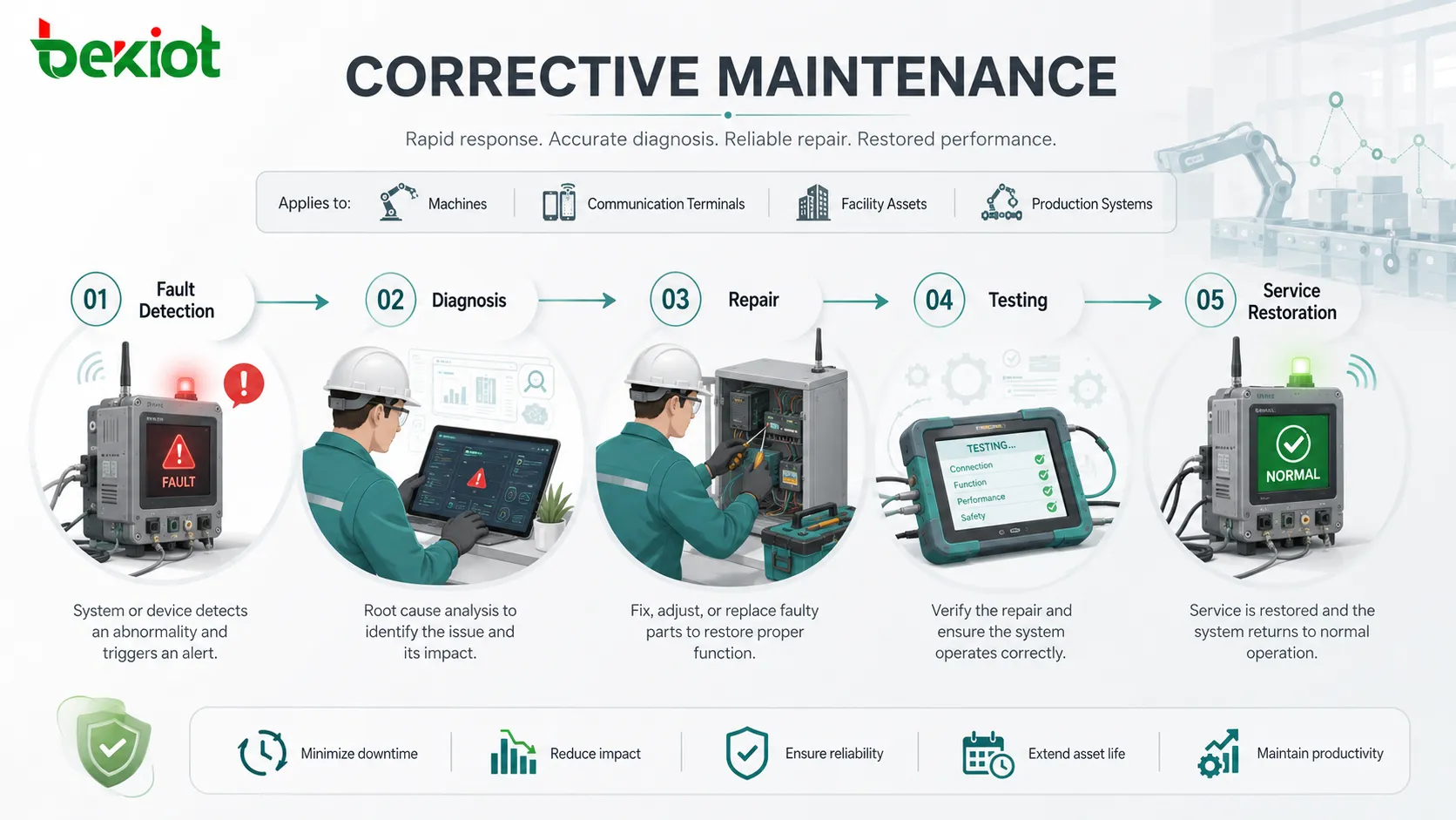 Flux de maintenance corrective montrant détection de panne, diagnostic, réparation, essais et remise en service
