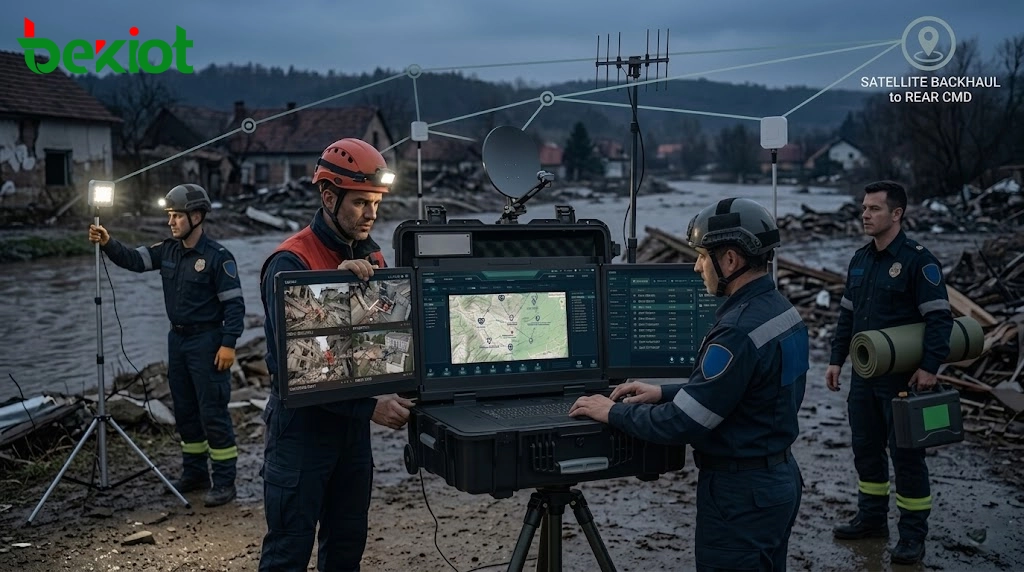 Poste de commandement de terrain relié au centre de commandement d'urgence arrière via des liaisons satellite, radio, vidéo et réseau auto-organisé