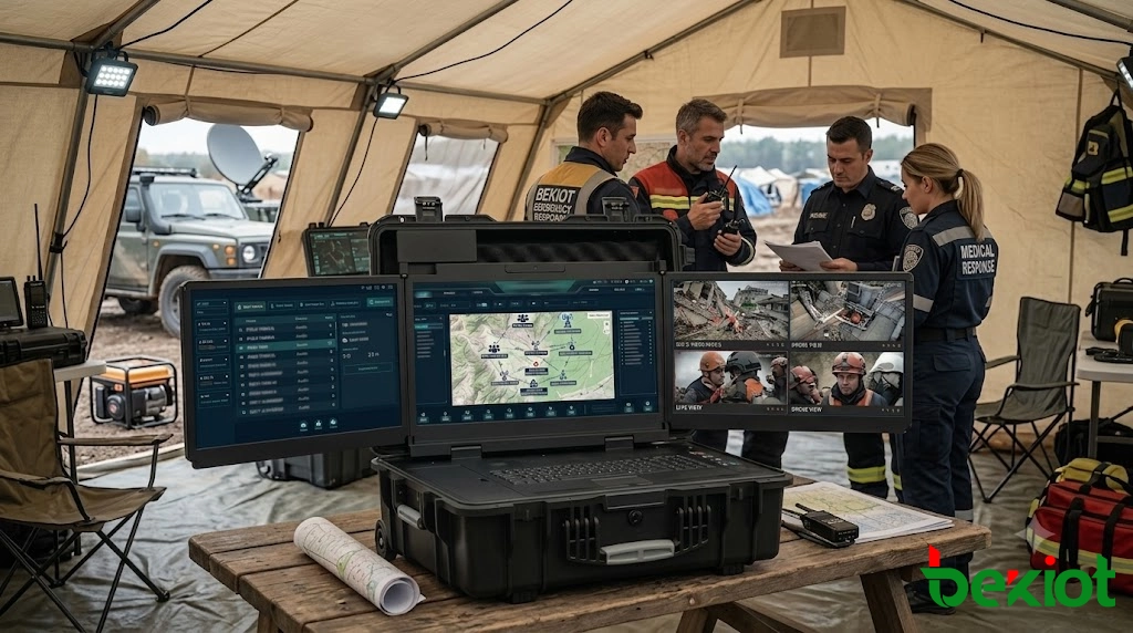 Équipement de commandement d'urgence portable transporté par une équipe de secours pour le déploiement de la communication sur le site de la catastrophe