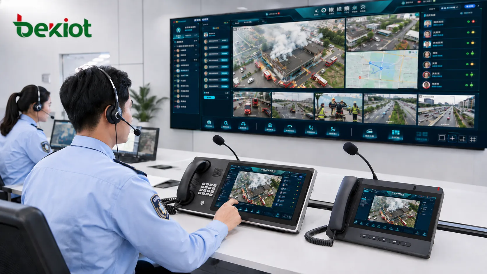 Vidéo de drone affichée sur console de répartition avec commande vocale et surveillance terrain multi-sources