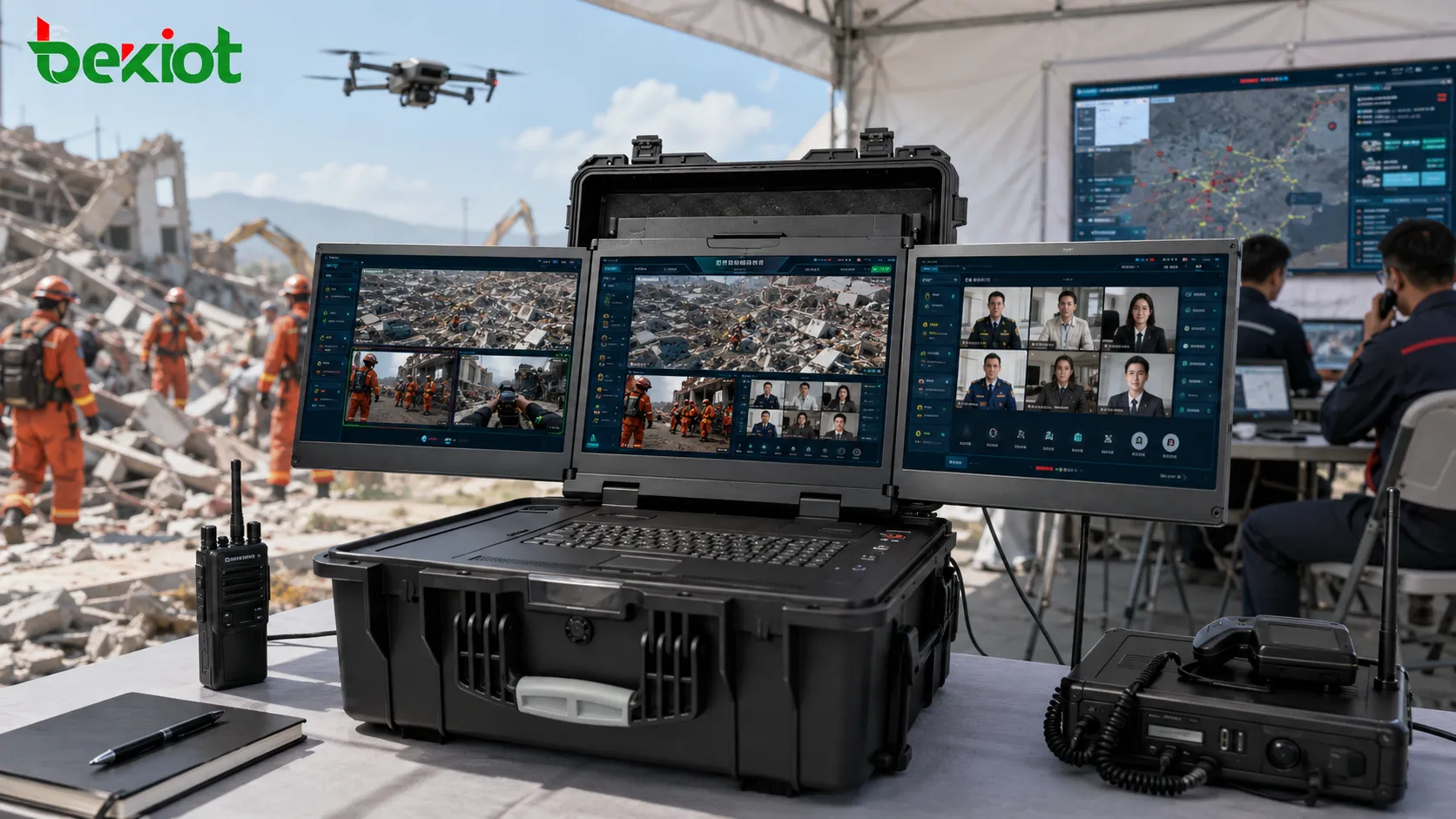 Boîtier de commandement d’urgence combinant la caméra de drone, la caméra corporelle et la vidéo de conférence en un seul flux multi-écrans fusionné