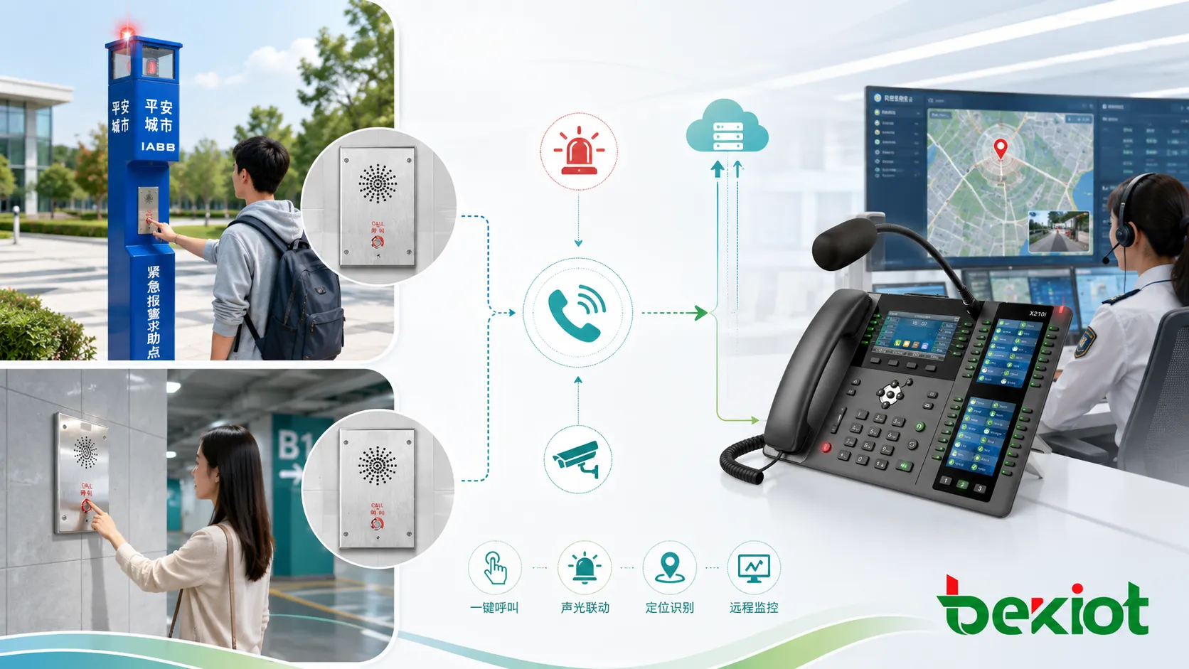 Fonctions du téléphone d’urgence avec appel à un bouton audio mains libres localisation balise et supervision distante
