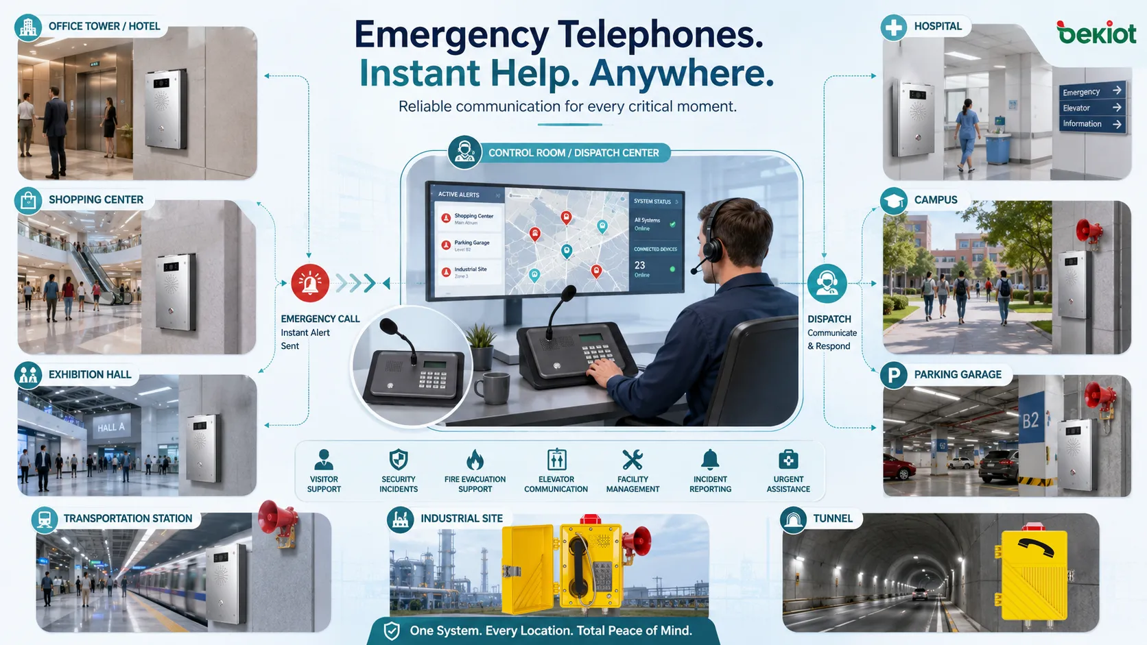 Applications du téléphone d’urgence en campus tunnel parking site industriel hôpital et station de transport
