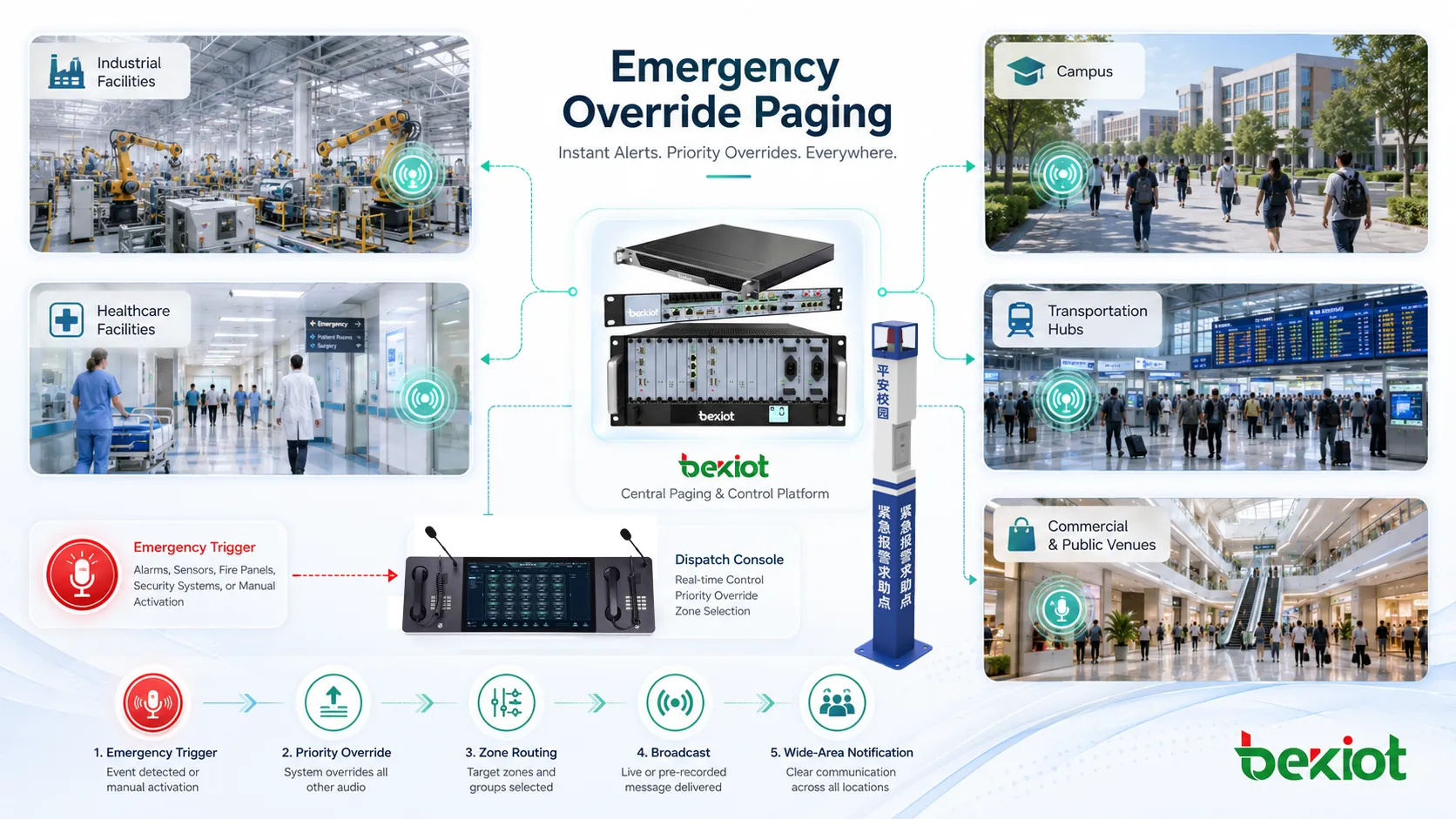 Applications de diffusion d’urgence prioritaire dans usine campus hôpital gare de transport et bâtiment commercial